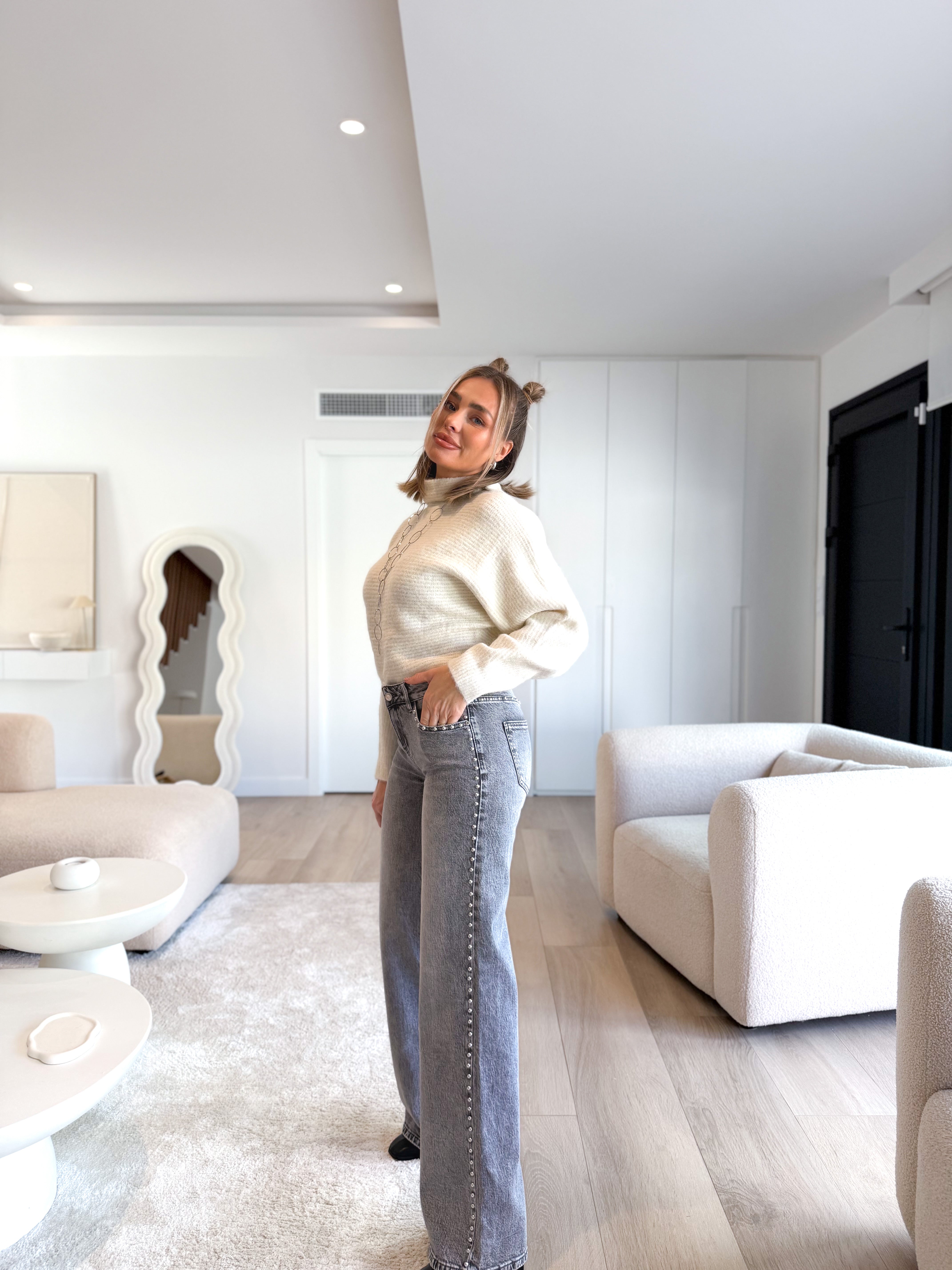 Denim wide gris tachas