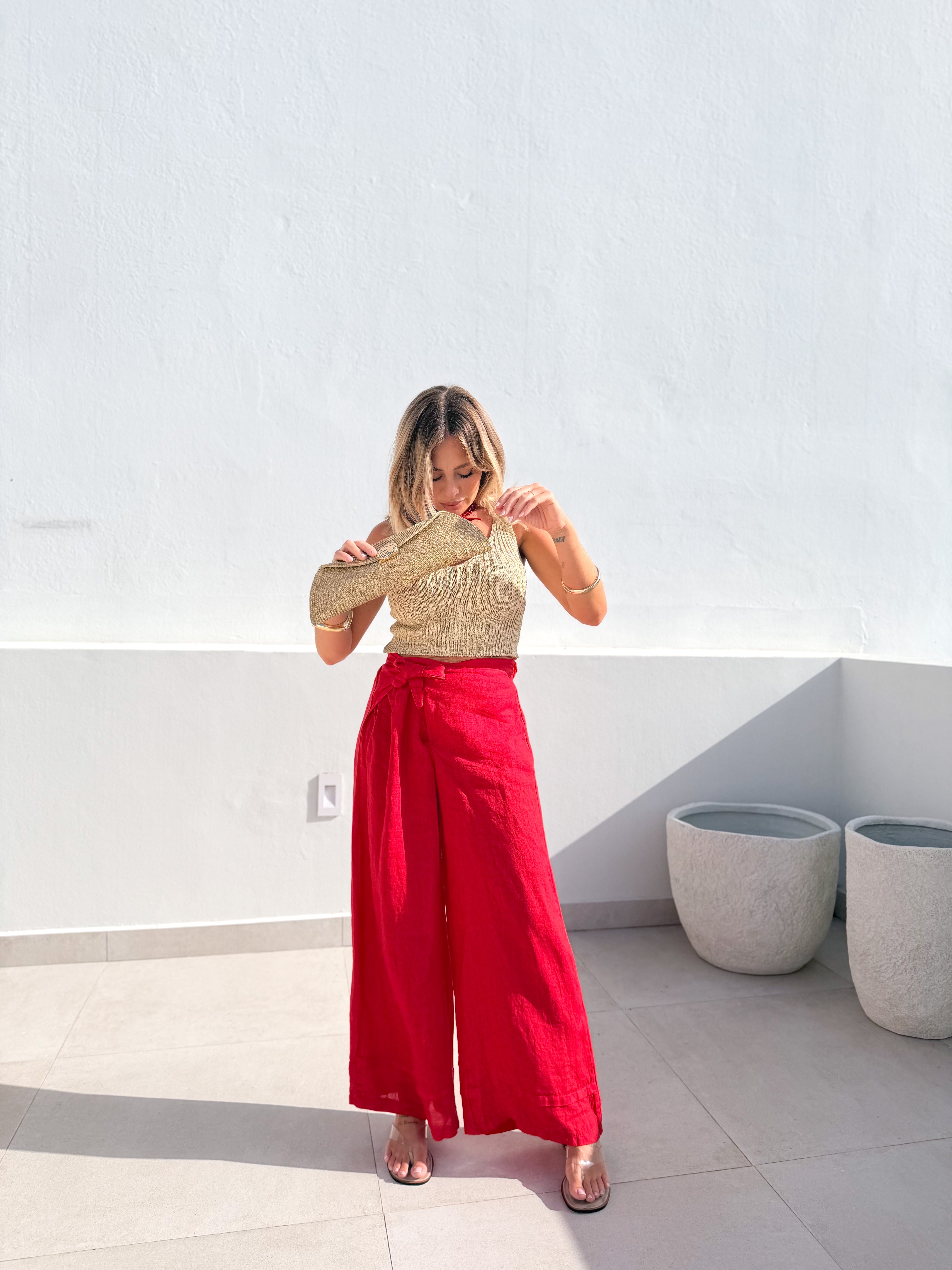 Pantalón lino anudado Rojo