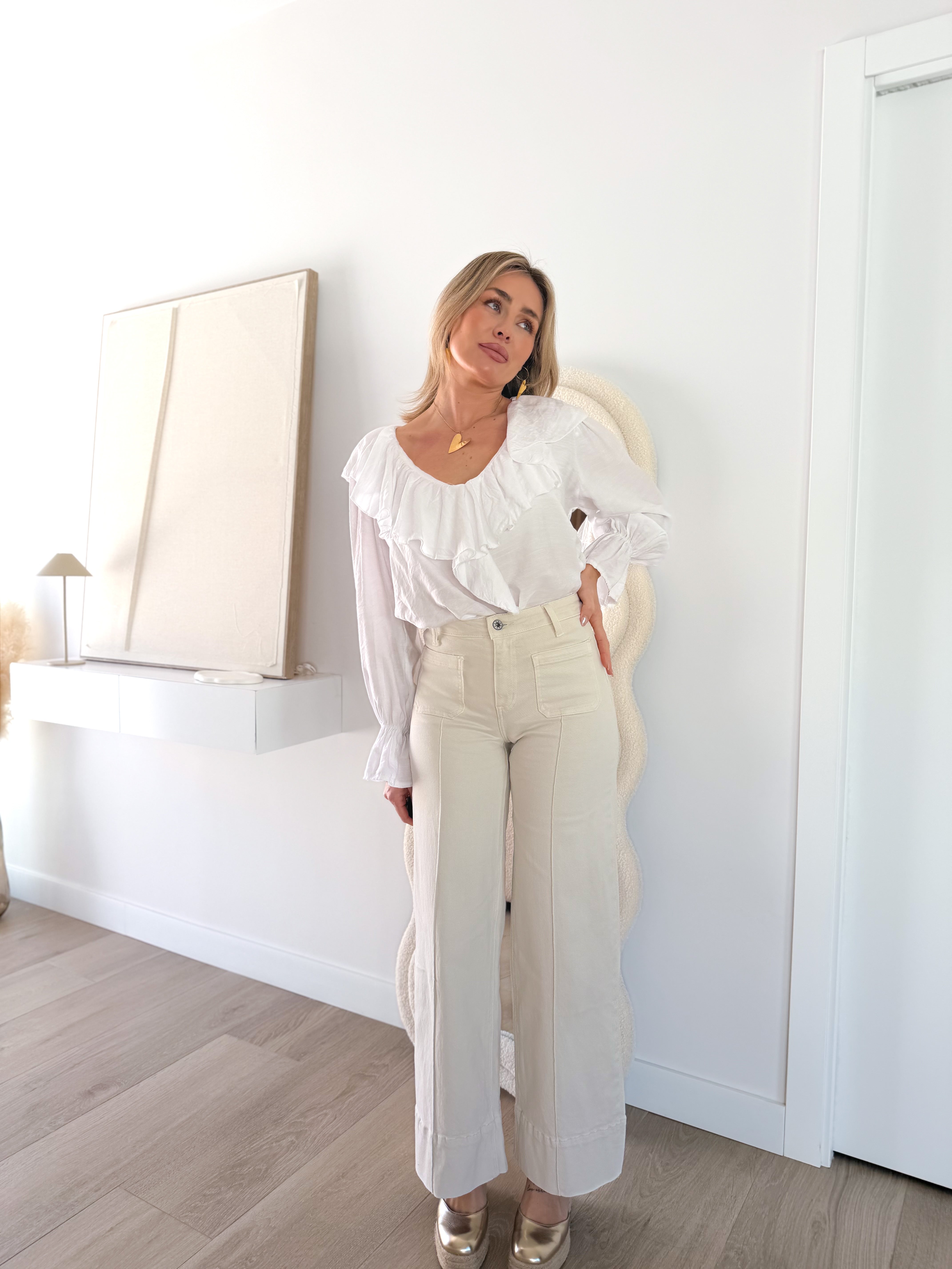Pantalón wide nervio Beige