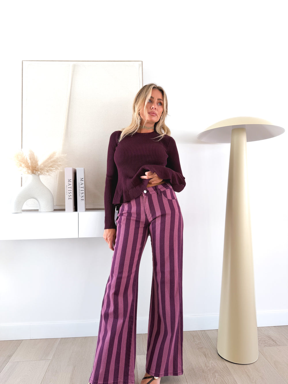 Pantalón rayas malva/ rosa