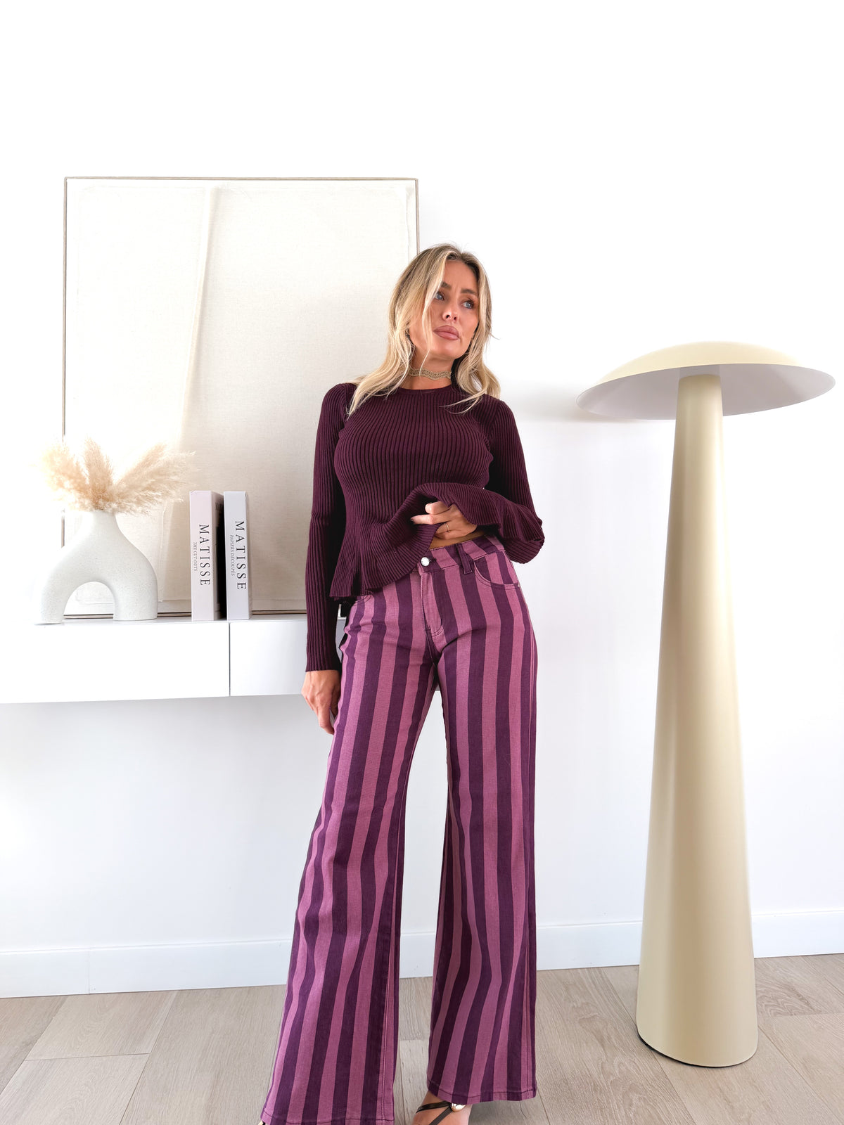 Pantalón rayas malva/ rosa