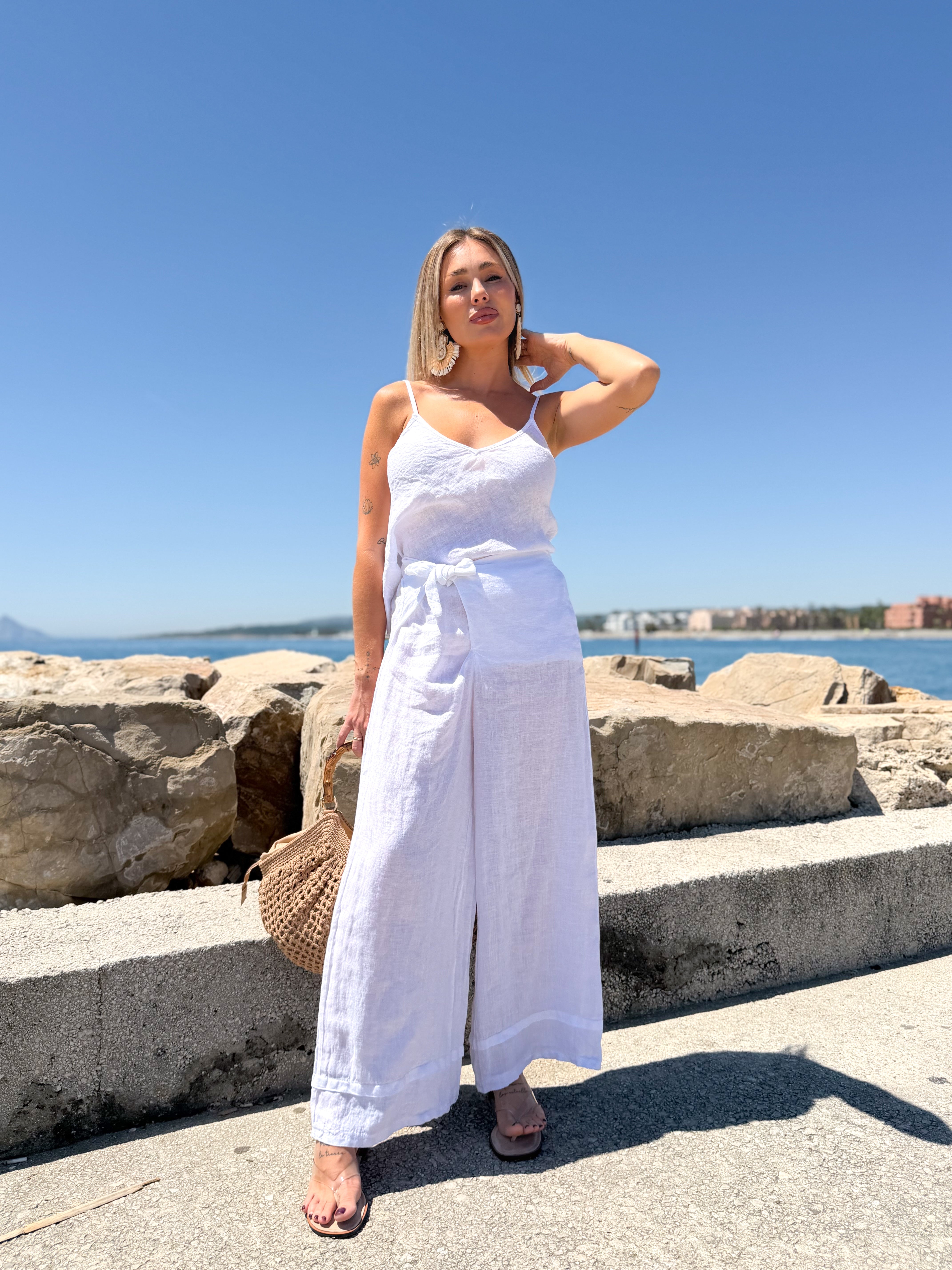 Pantalón lino anudado blanco