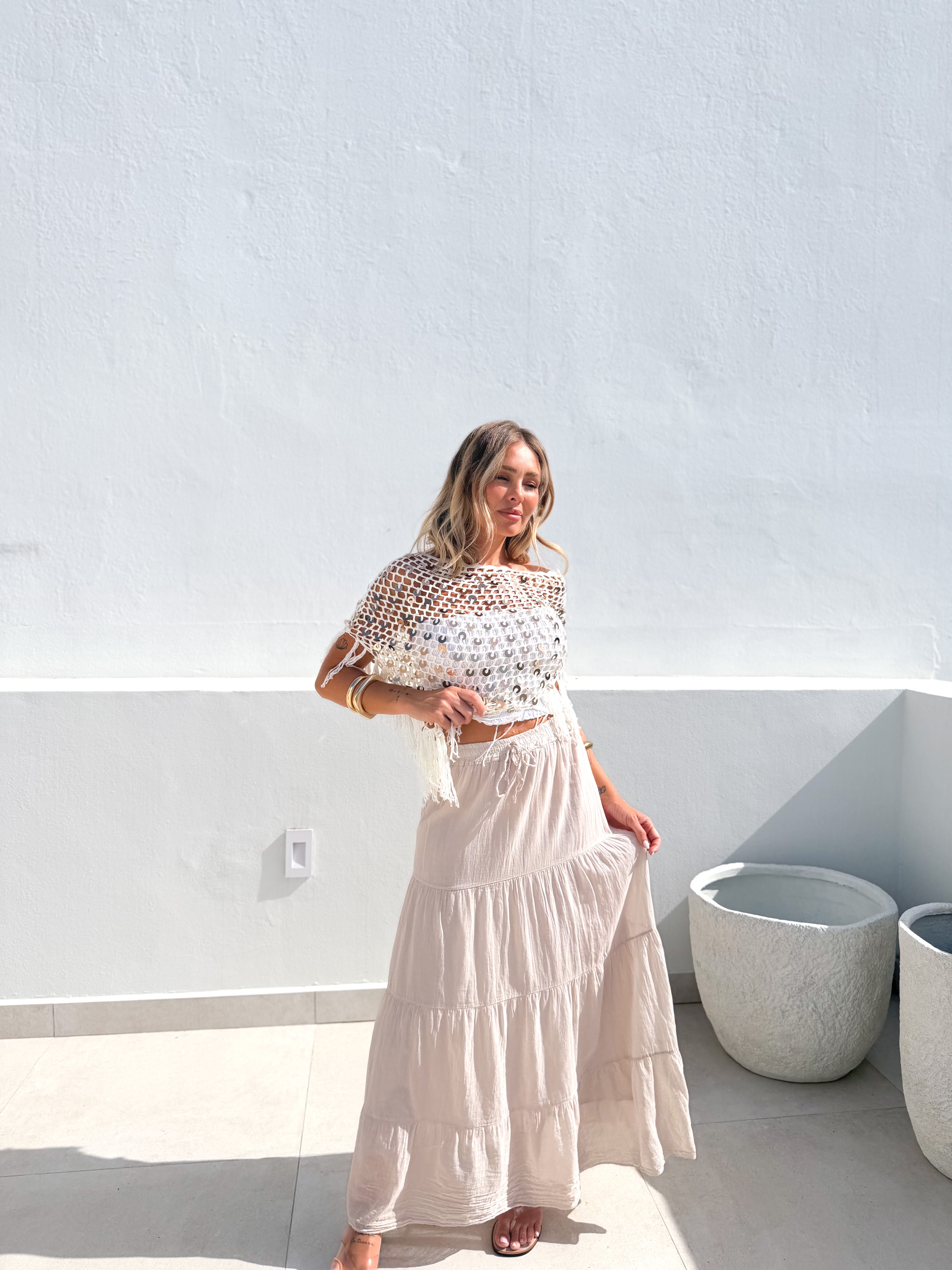 Falda larga panelada beige