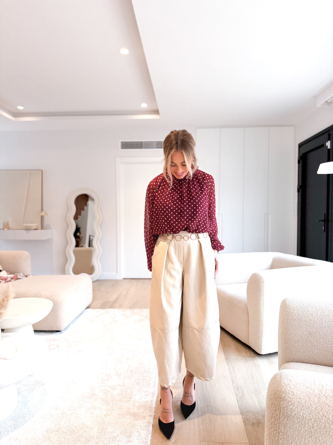 Pantalón globo polipiel beige