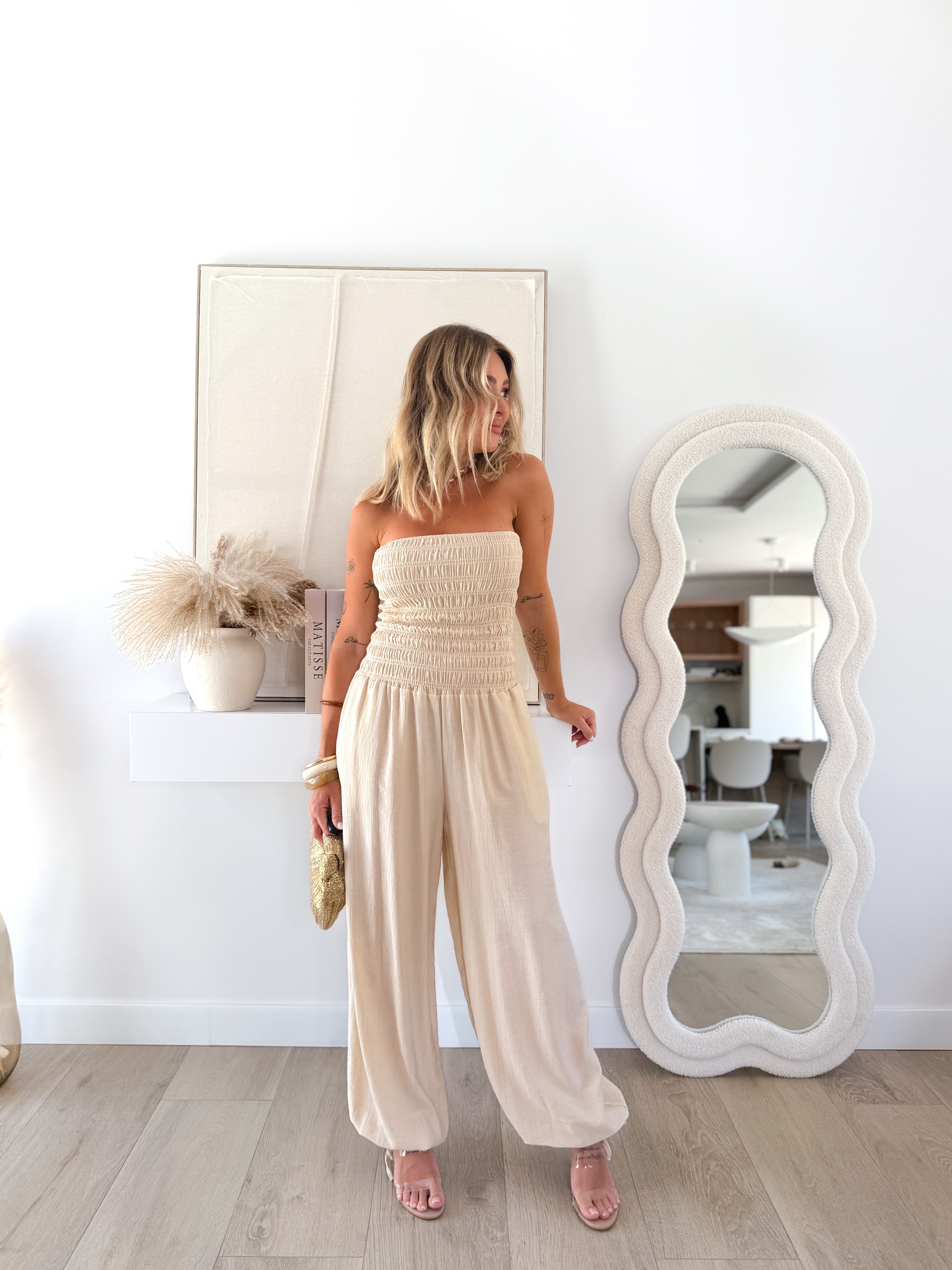 Mono drapeado bombacho beige