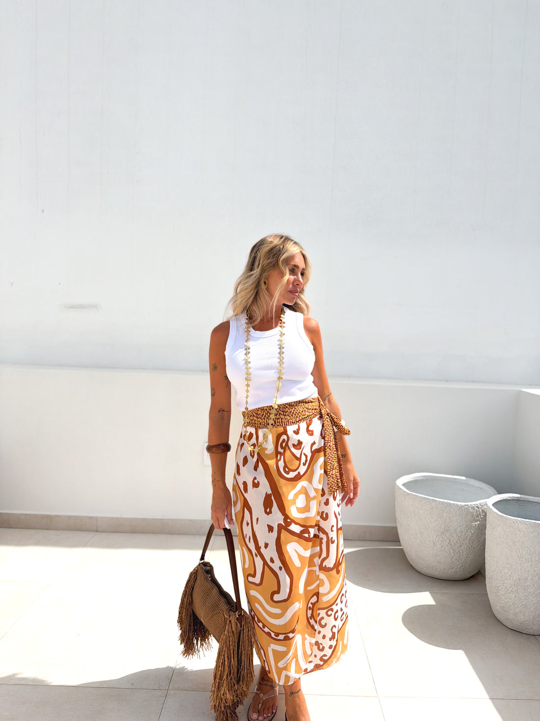 Falda pareo estampada camel