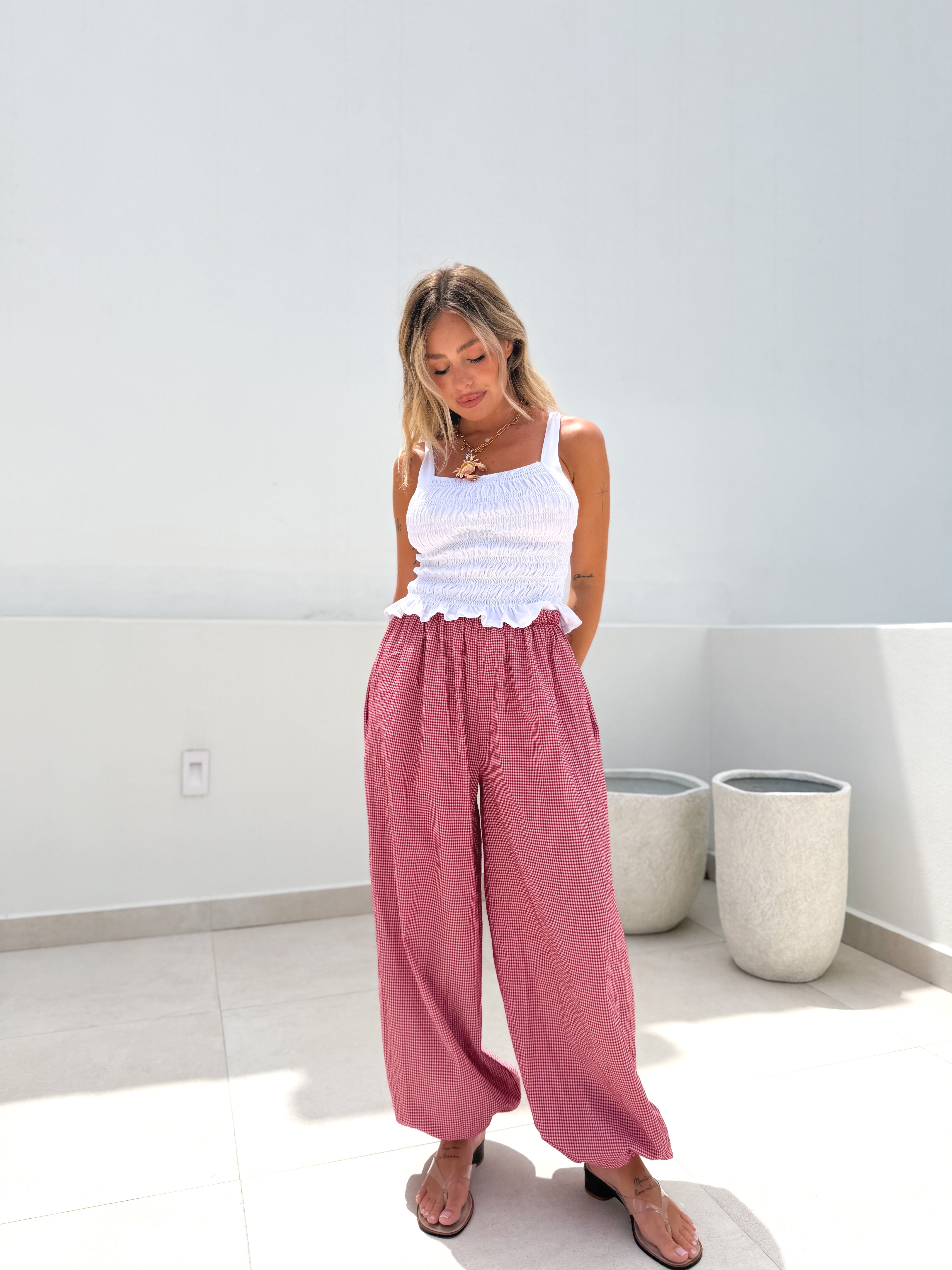 Pantalón bombacho vichy rojo