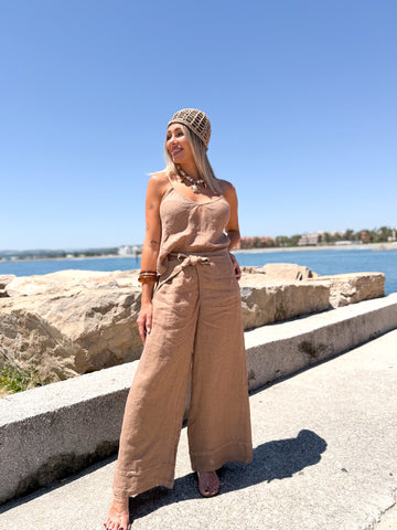 Pantalón lino anudado Camel