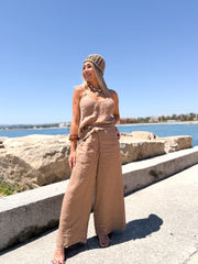 Pantalón lino anudado Camel