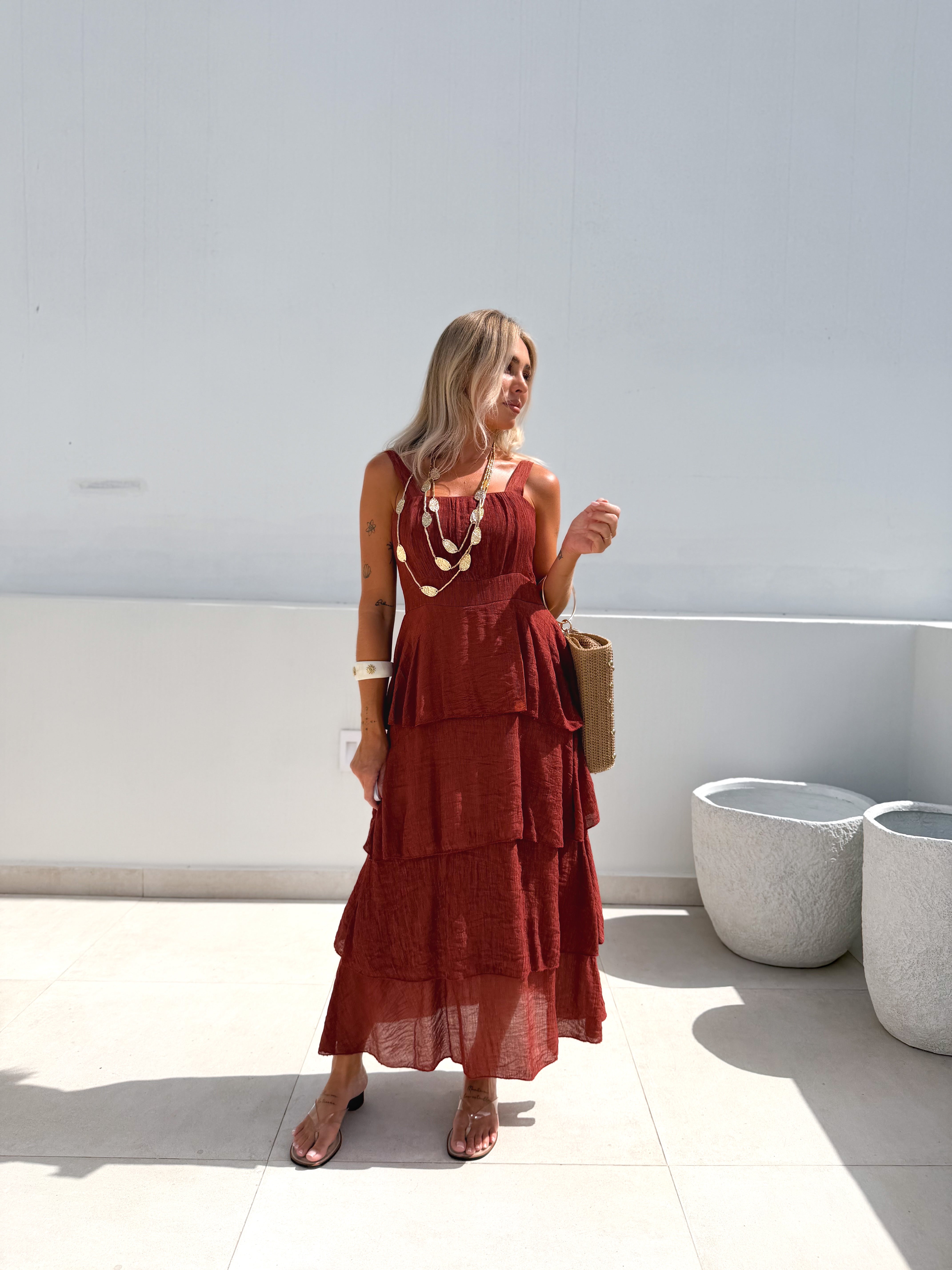 Vestido largo volantes Teja