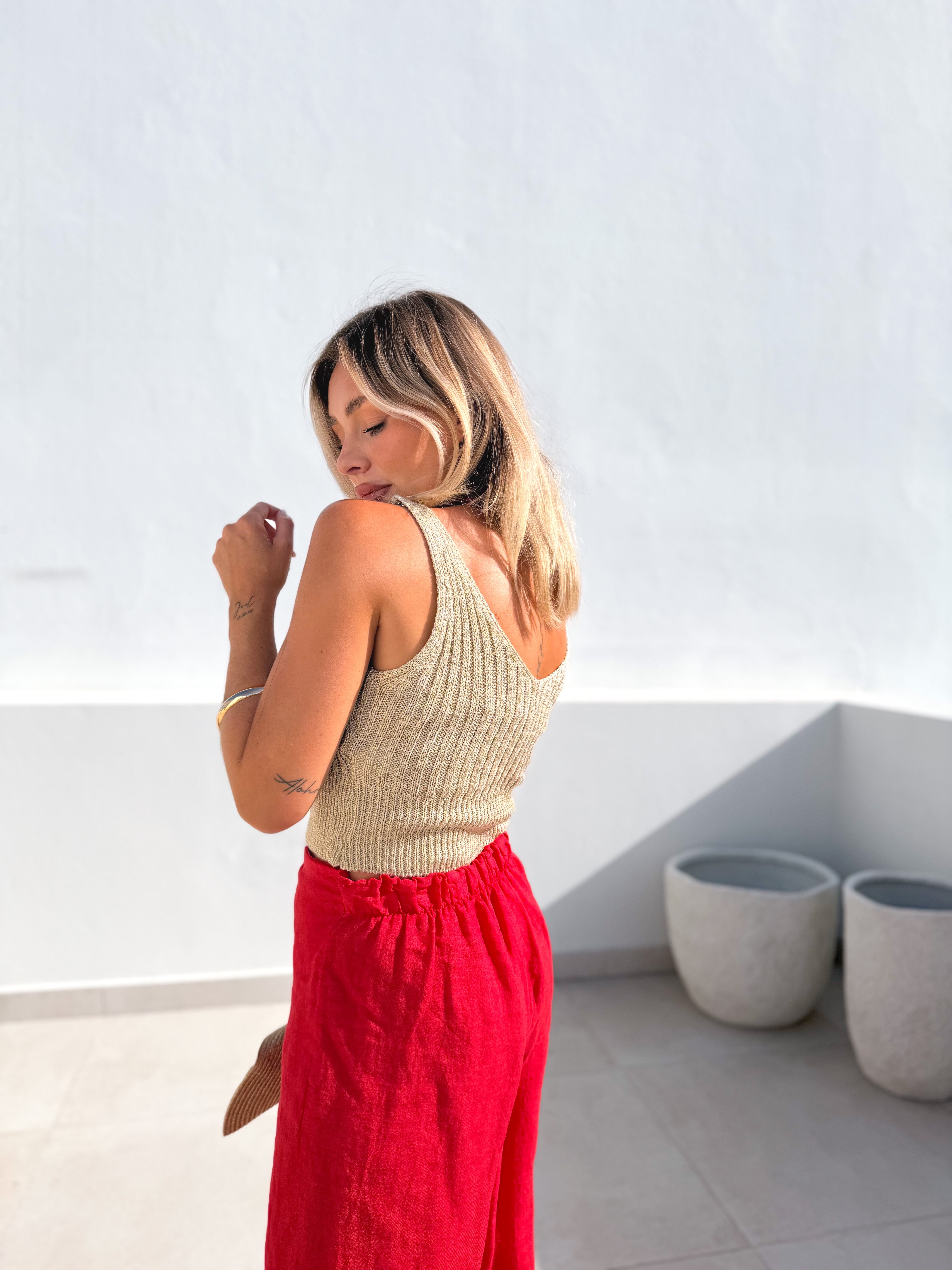 Pantalón lino anudado Rojo
