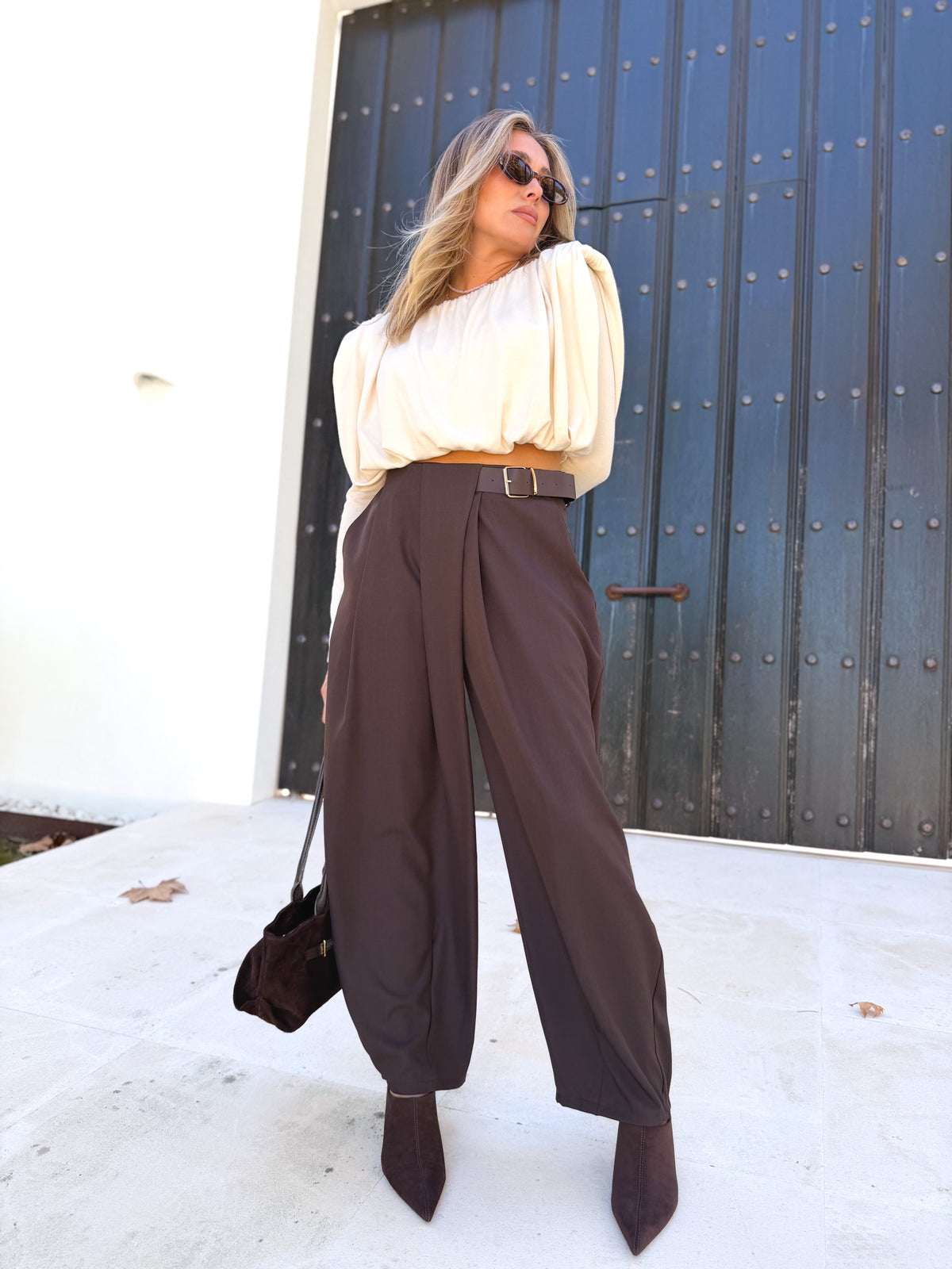 Pantalón pinza combinado Marrón