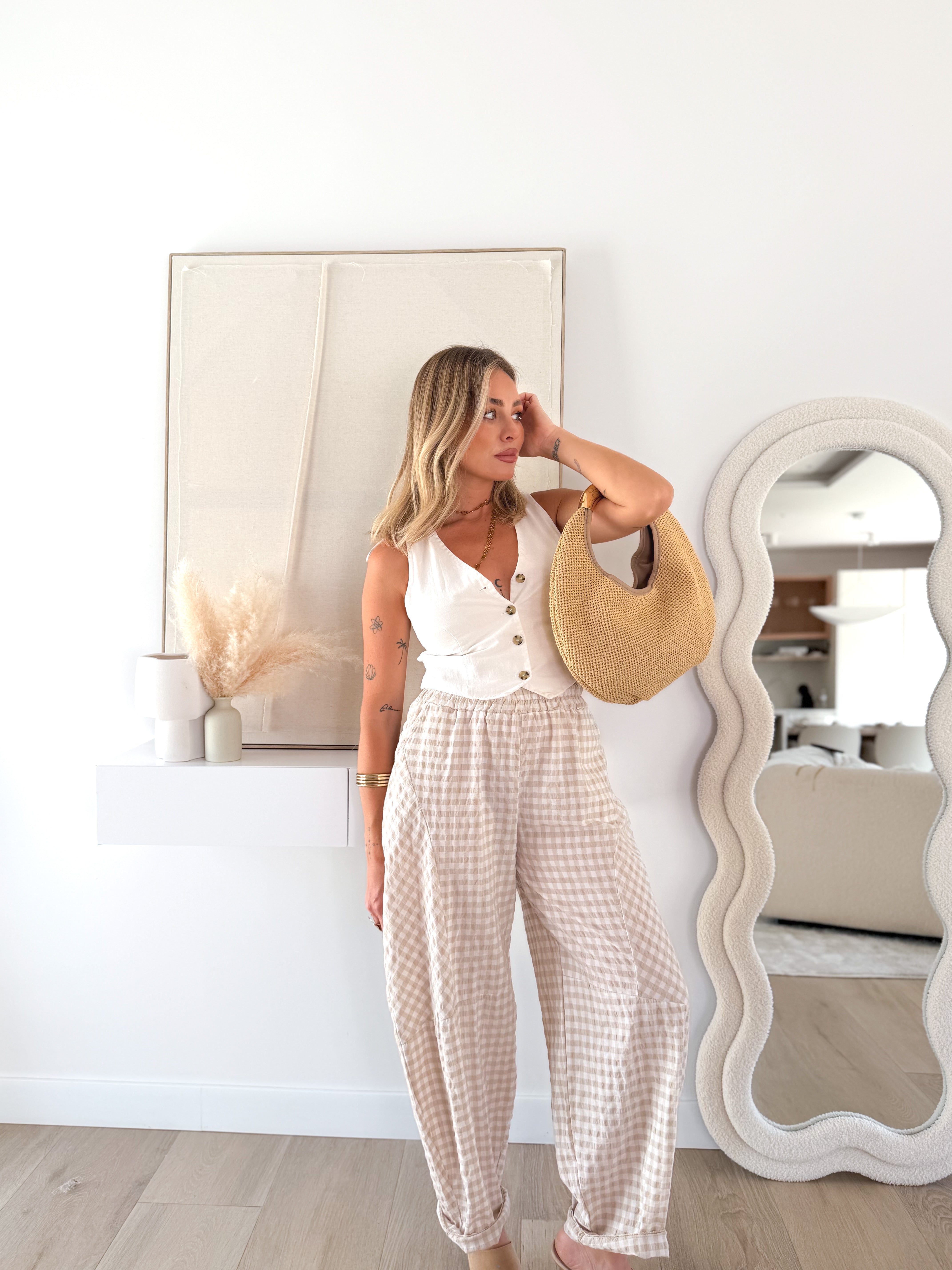 Pantalón bombacho Vichy beige