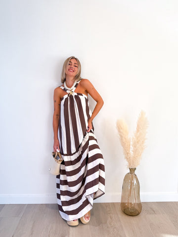 Vestido lino rayas choco