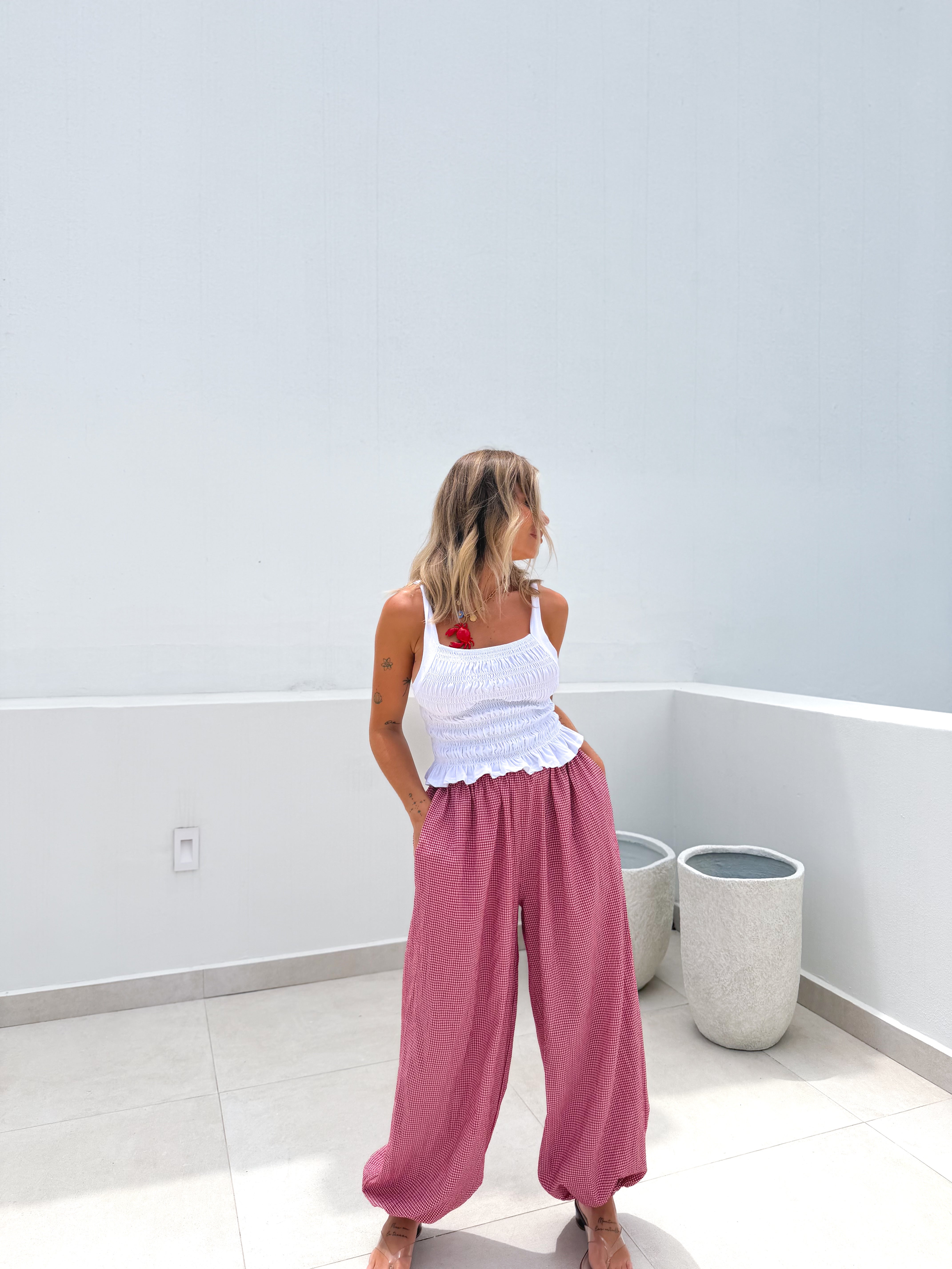 Pantalón bombacho vichy rojo