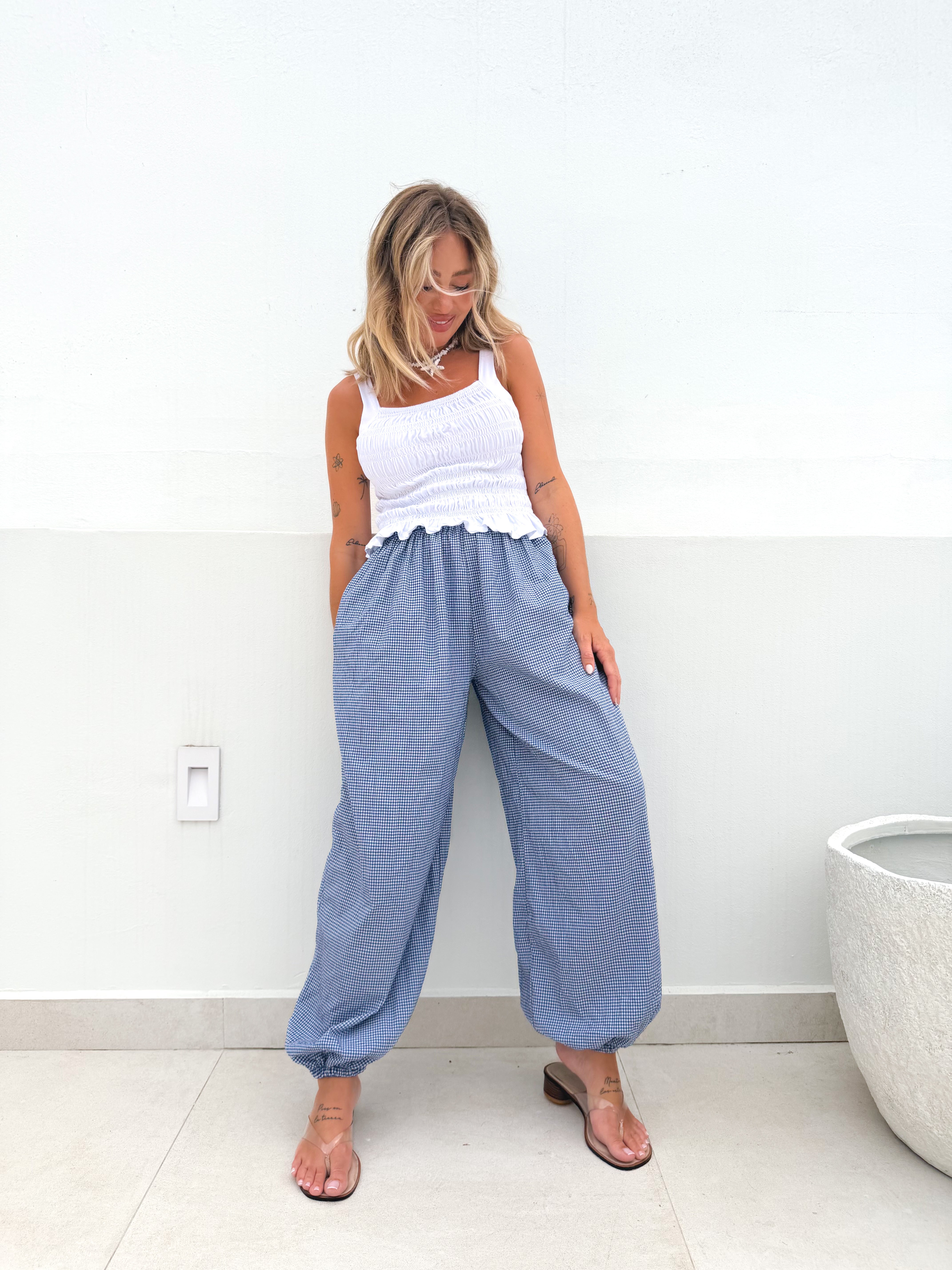 Pantalón bombacho vichy azul