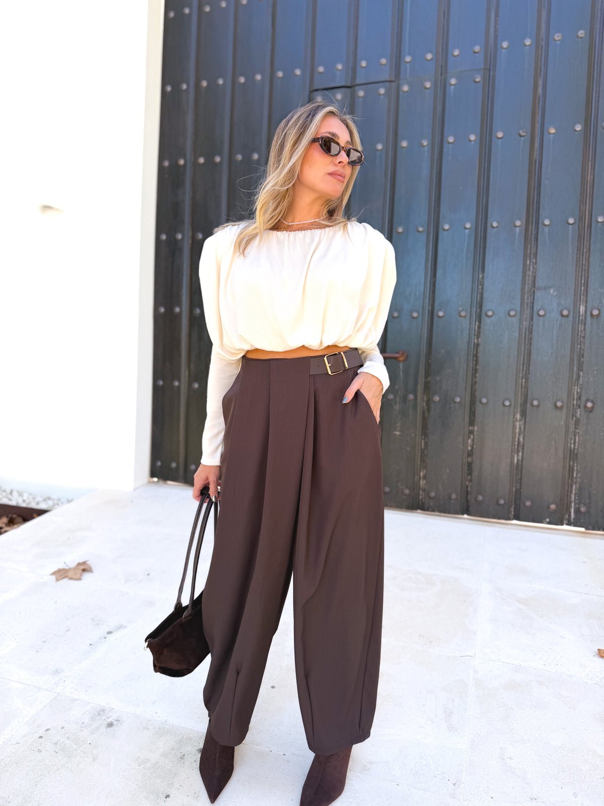 Pantalón pinza combinado Marrón