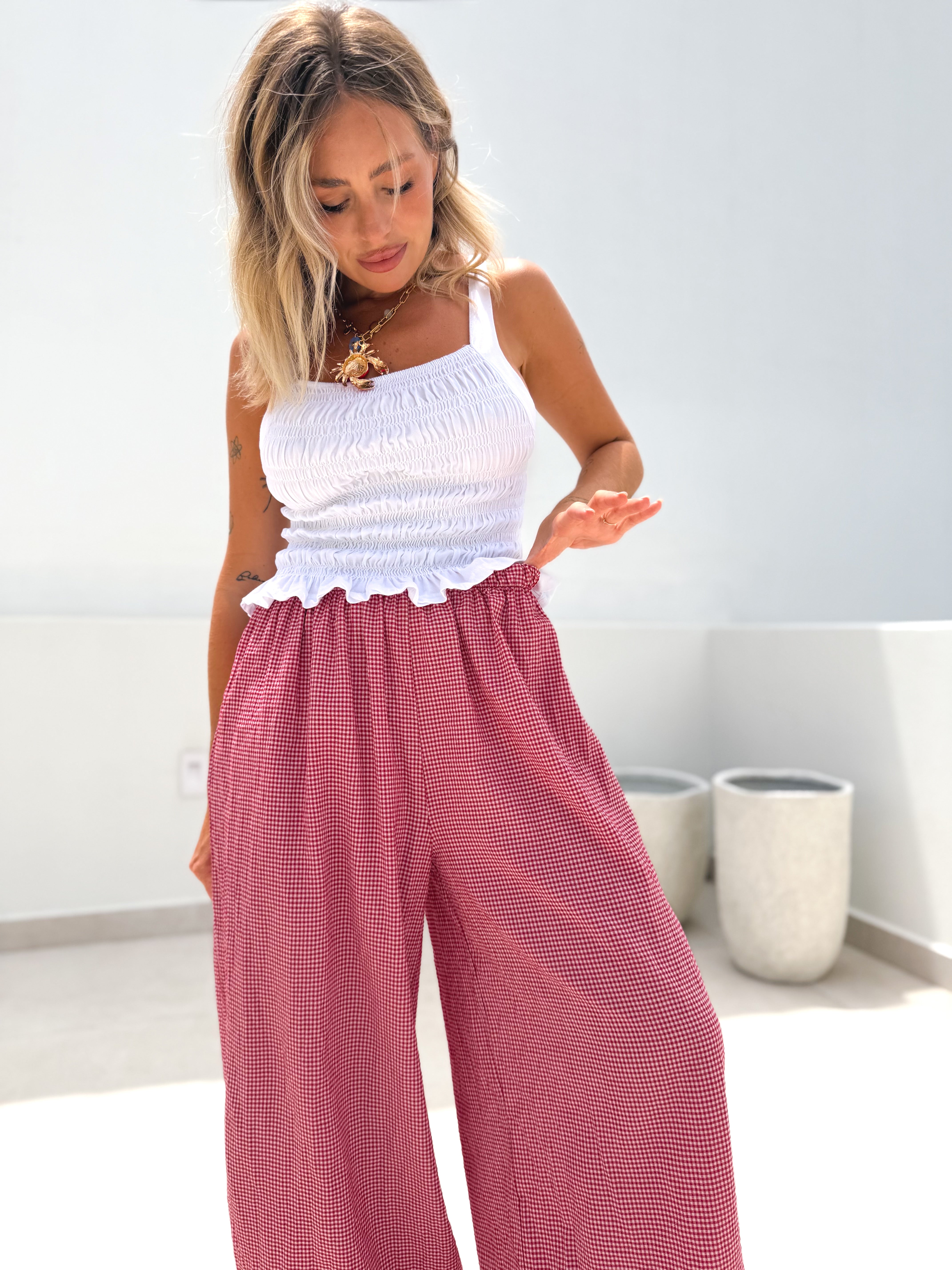 Pantalón bombacho vichy rojo