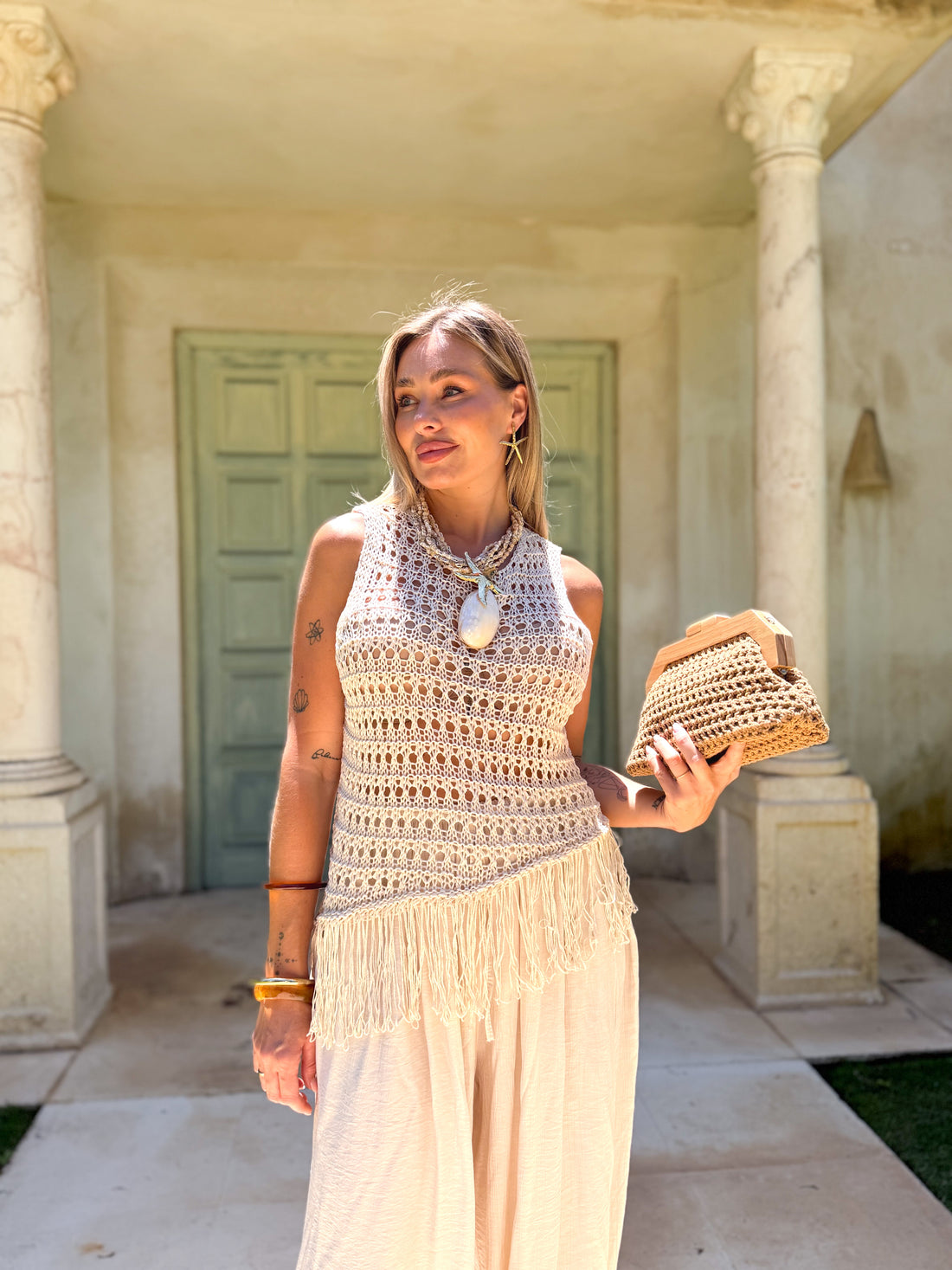 Top crochet combinado beige