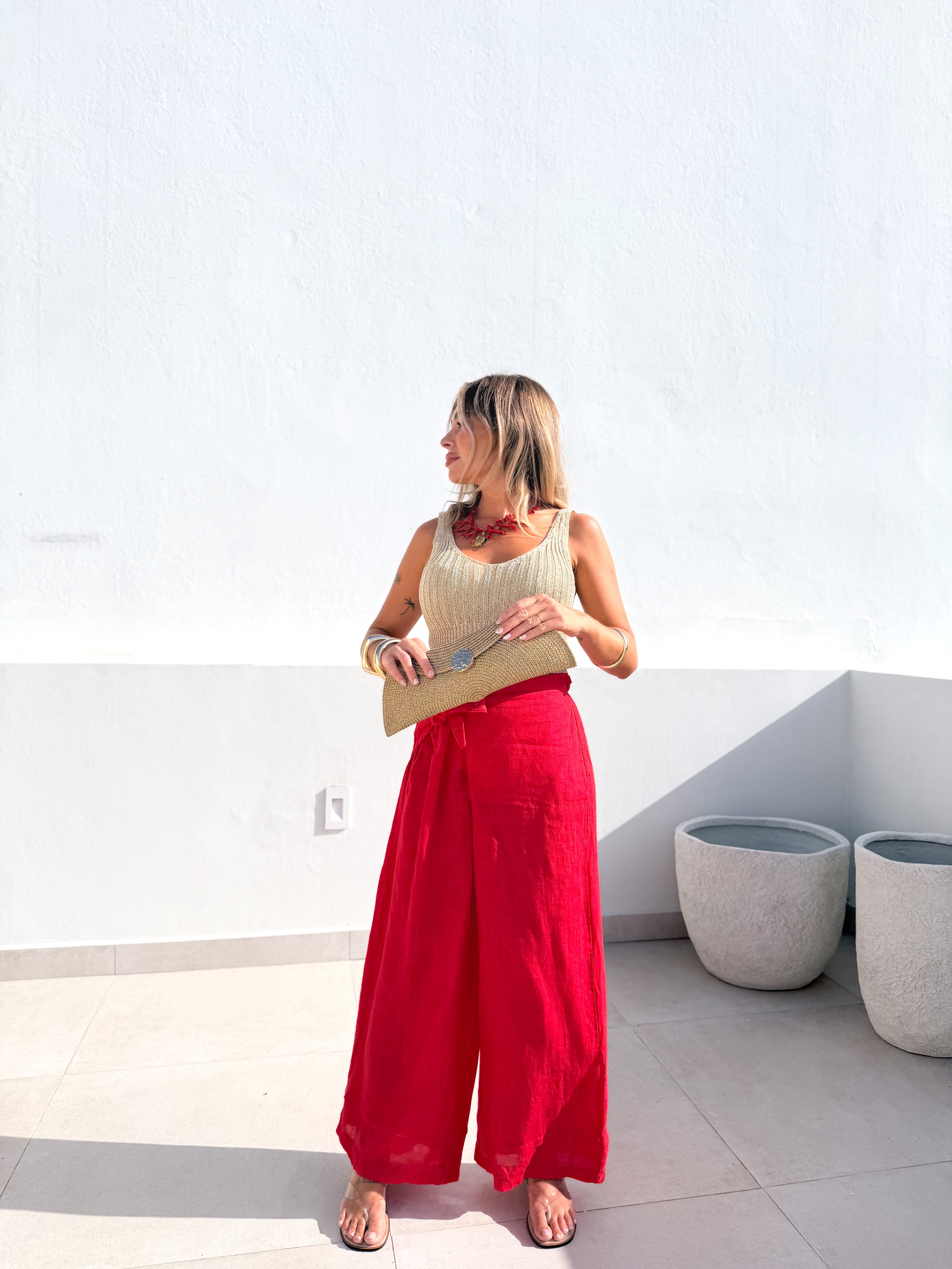 Pantalón lino anudado Rojo