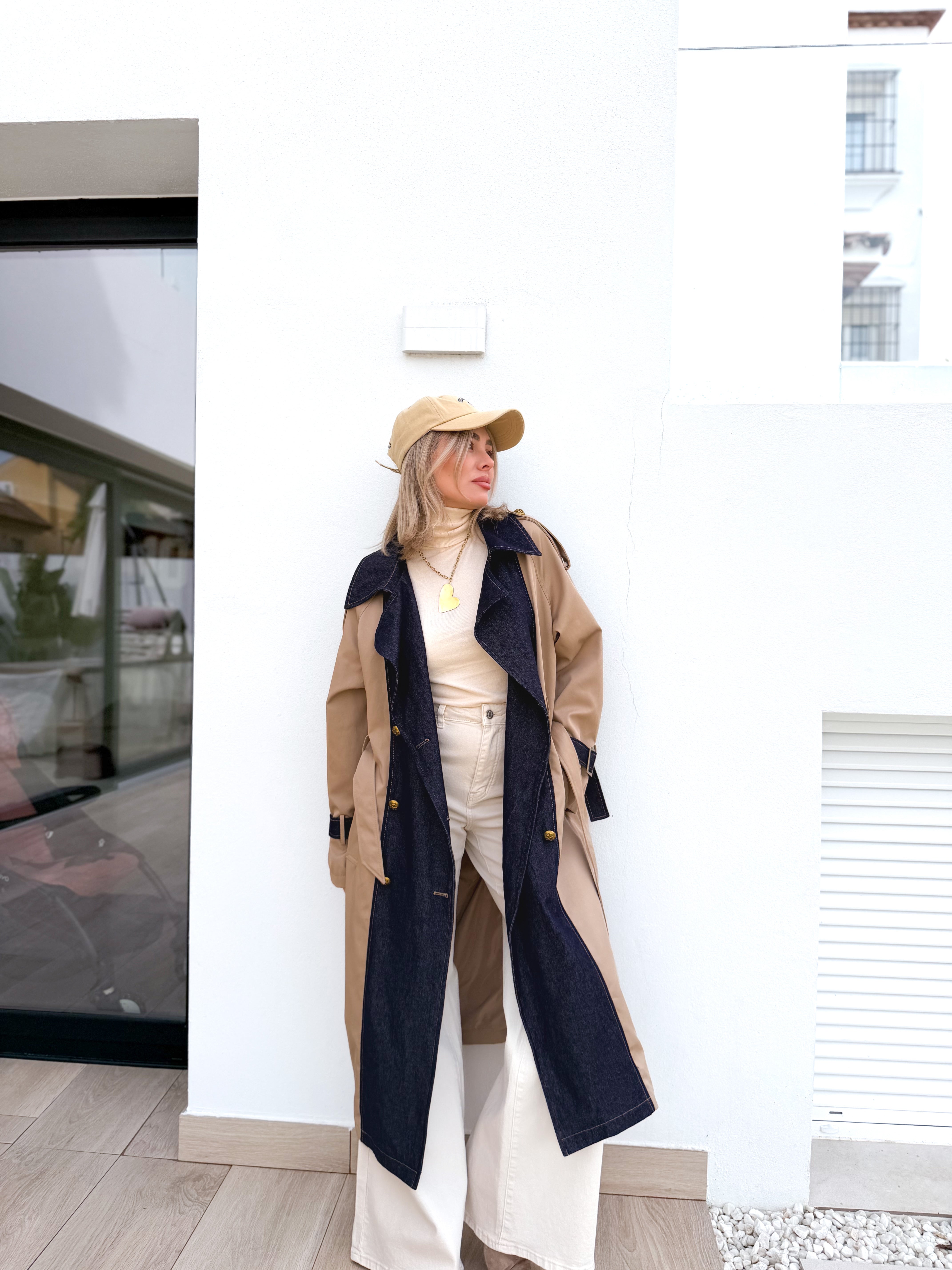 Gabardina combinada denim/beige