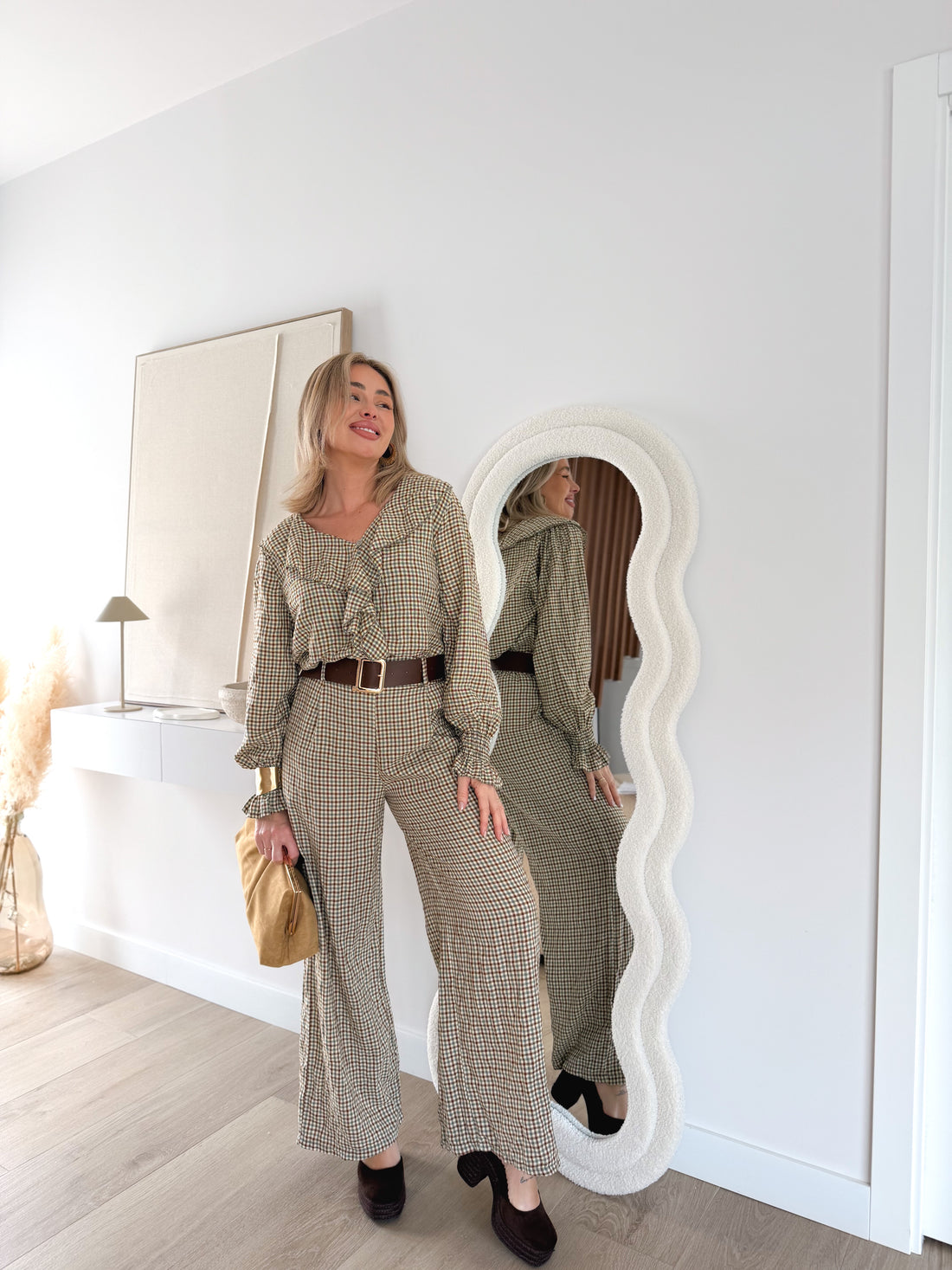 Pantalón combinado cuadros verde