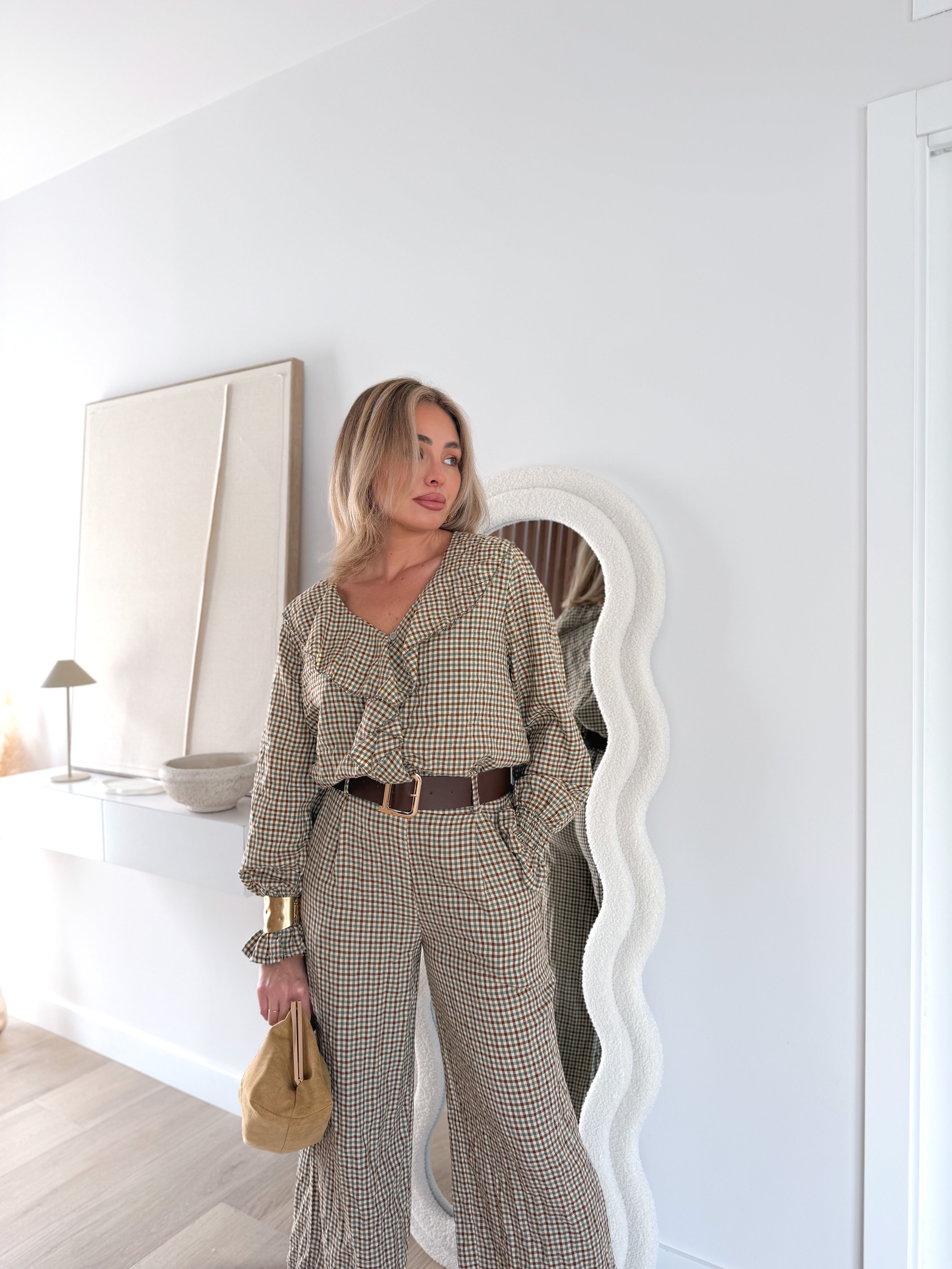 Blusa combinada cuadros verde