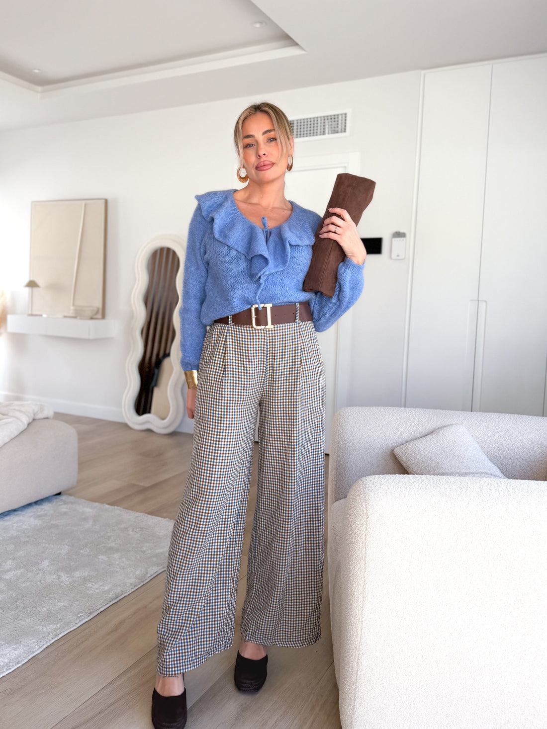 Pantalón combinado cuadros azul