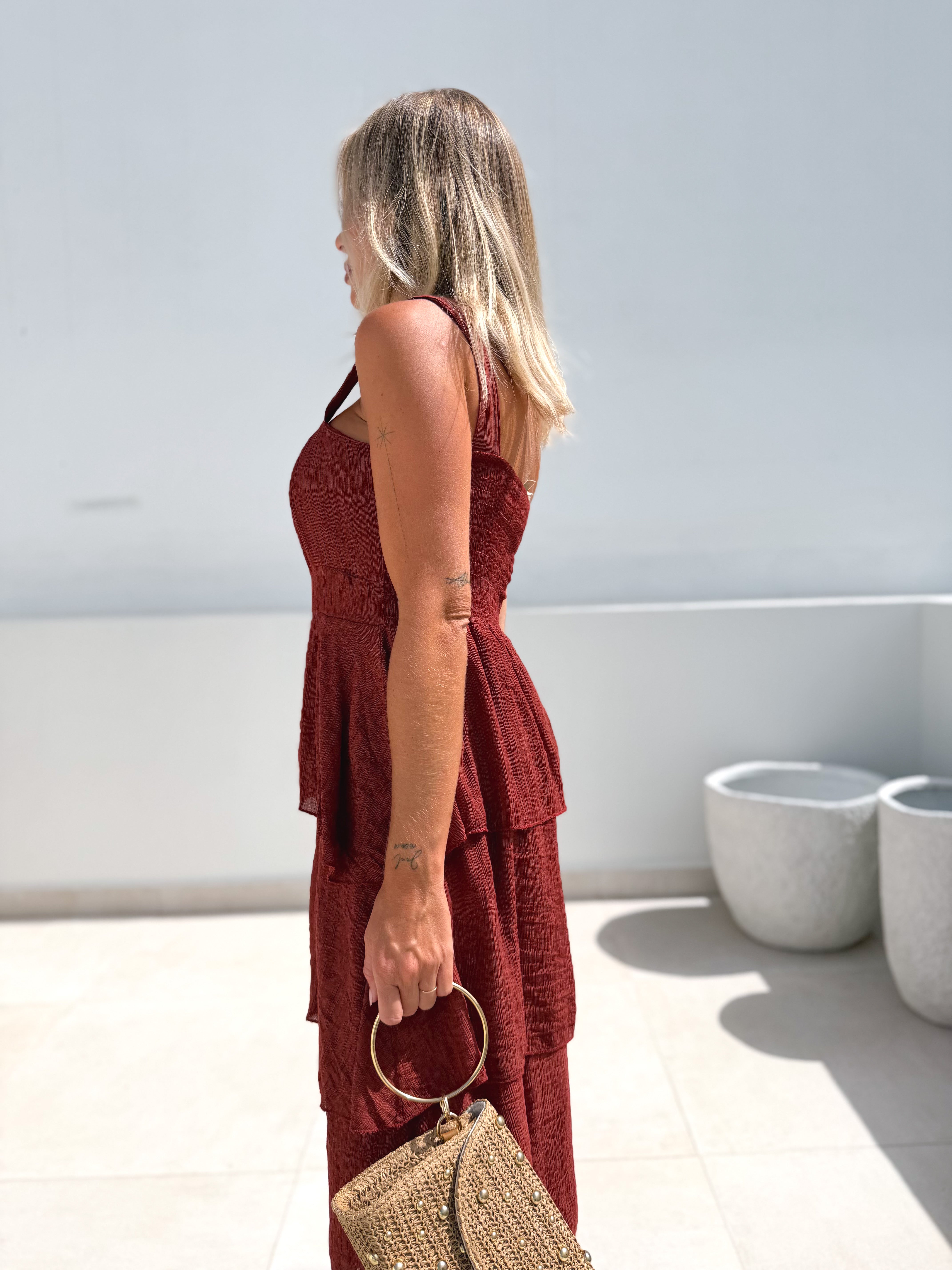 Vestido largo volantes Teja