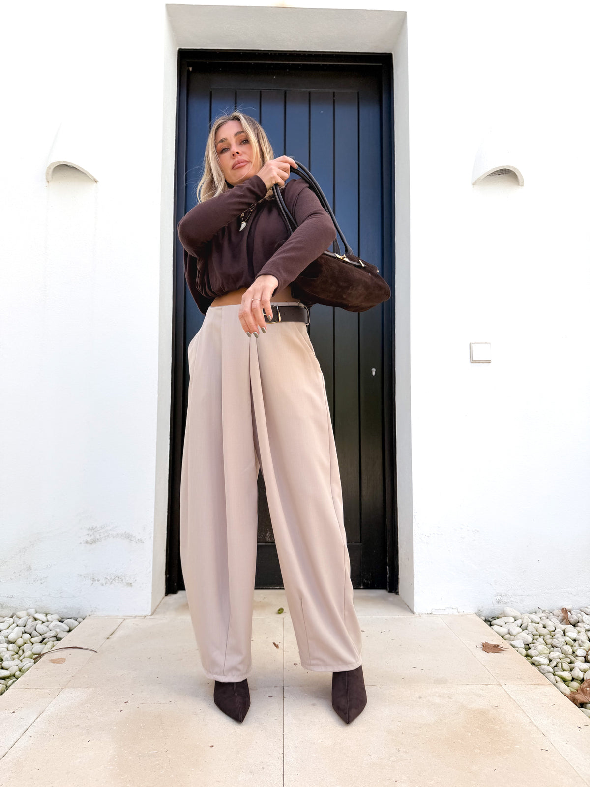 Pantalón pinza combinado beige