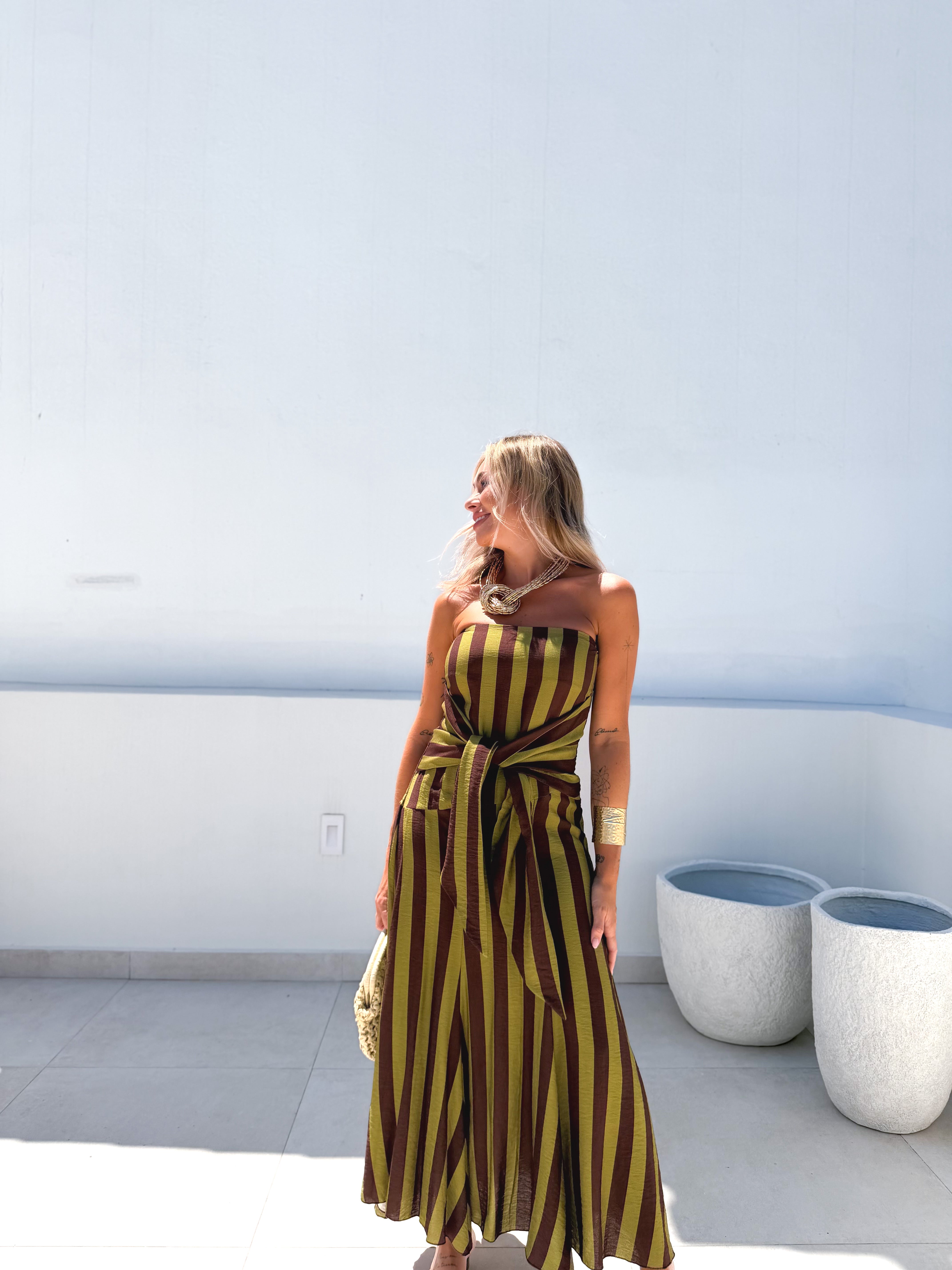 Vestido Nudo rayas Lima/Marrón