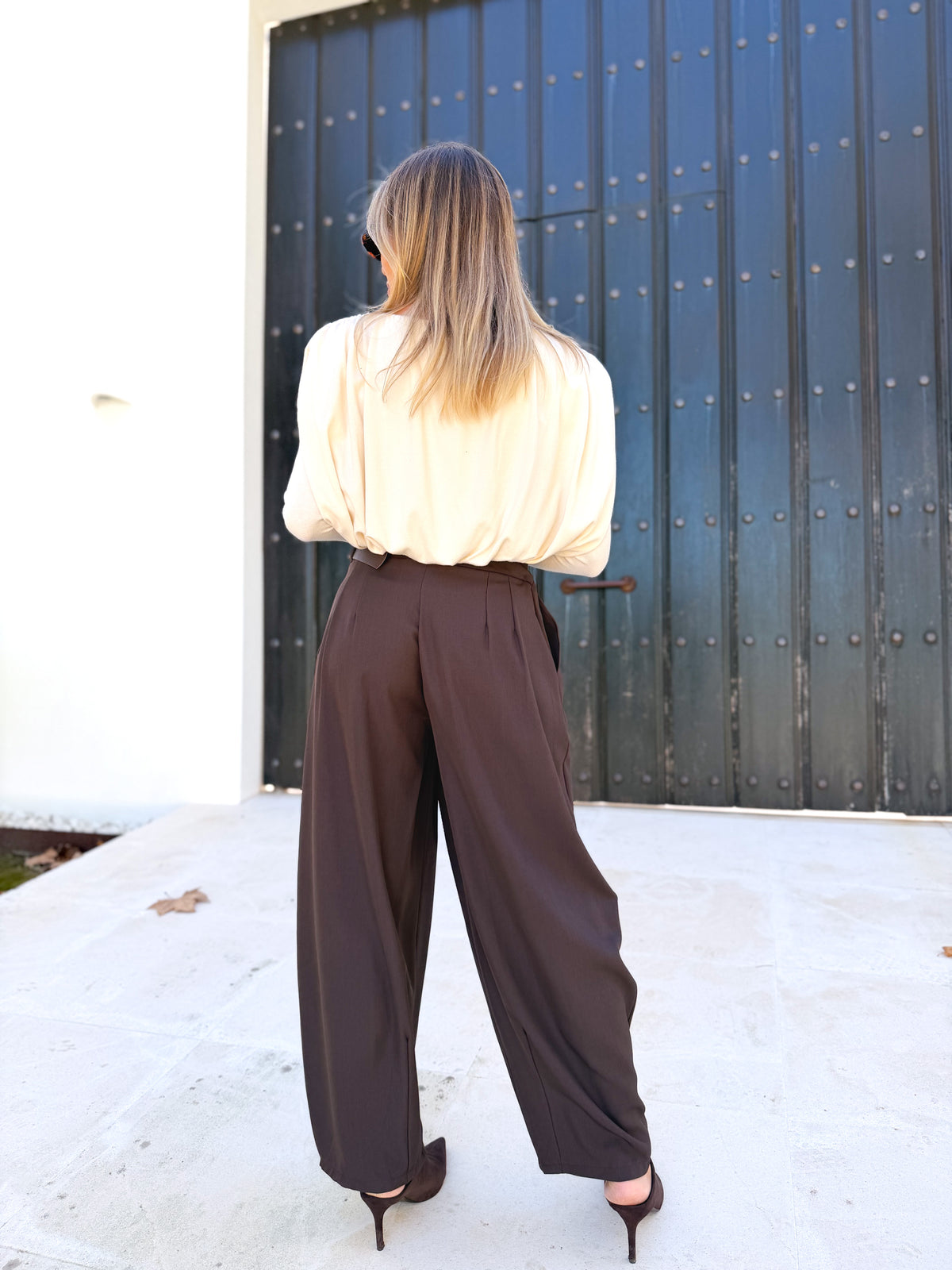 Pantalón pinza combinado Marrón
