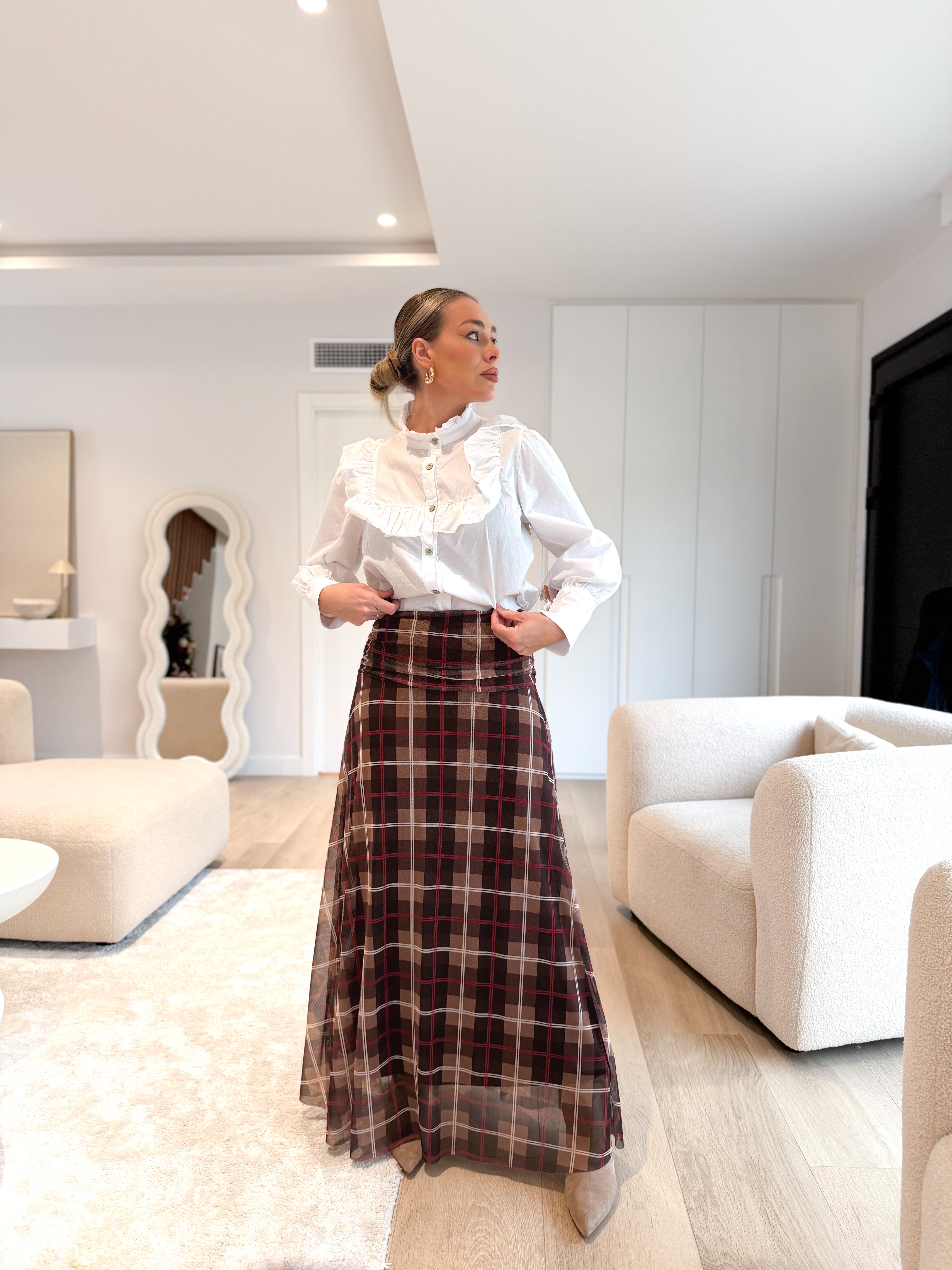 Falda tull estampada marrón