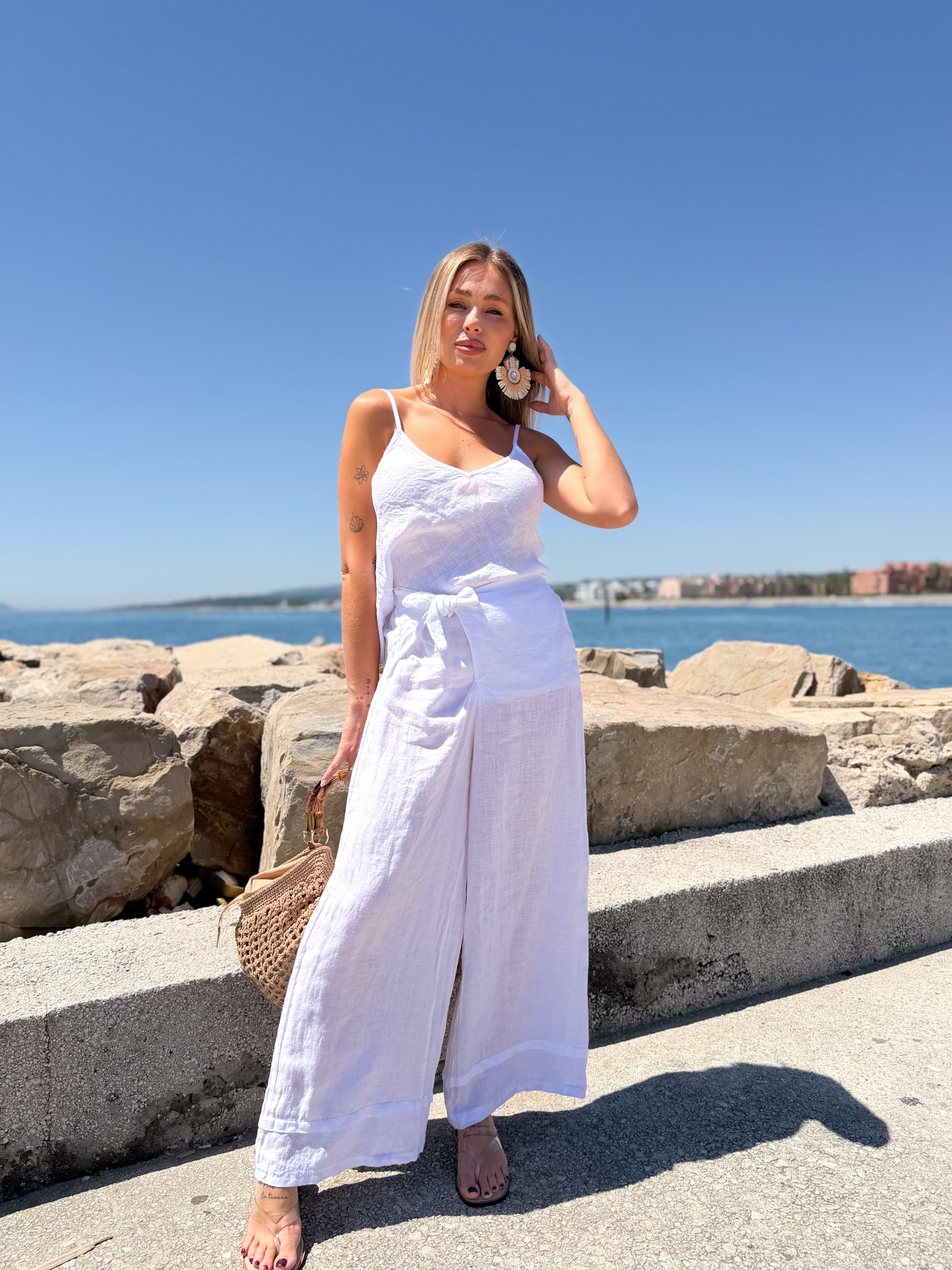 Pantalón lino anudado blanco