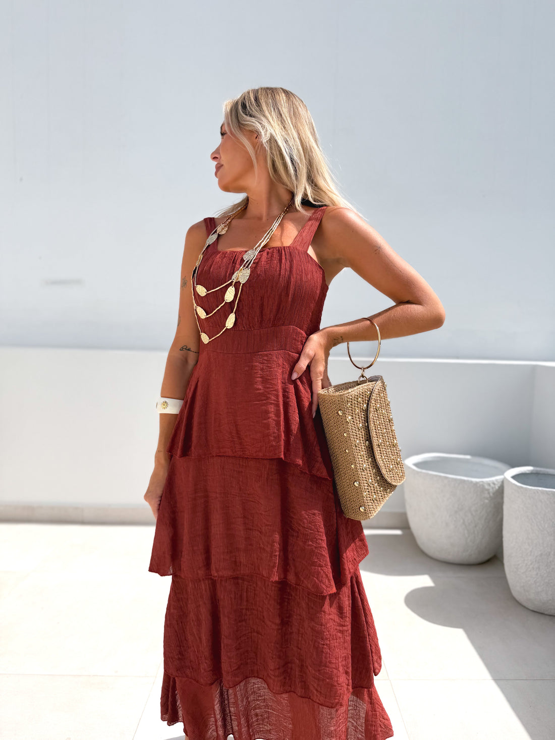 Vestido largo volantes Teja