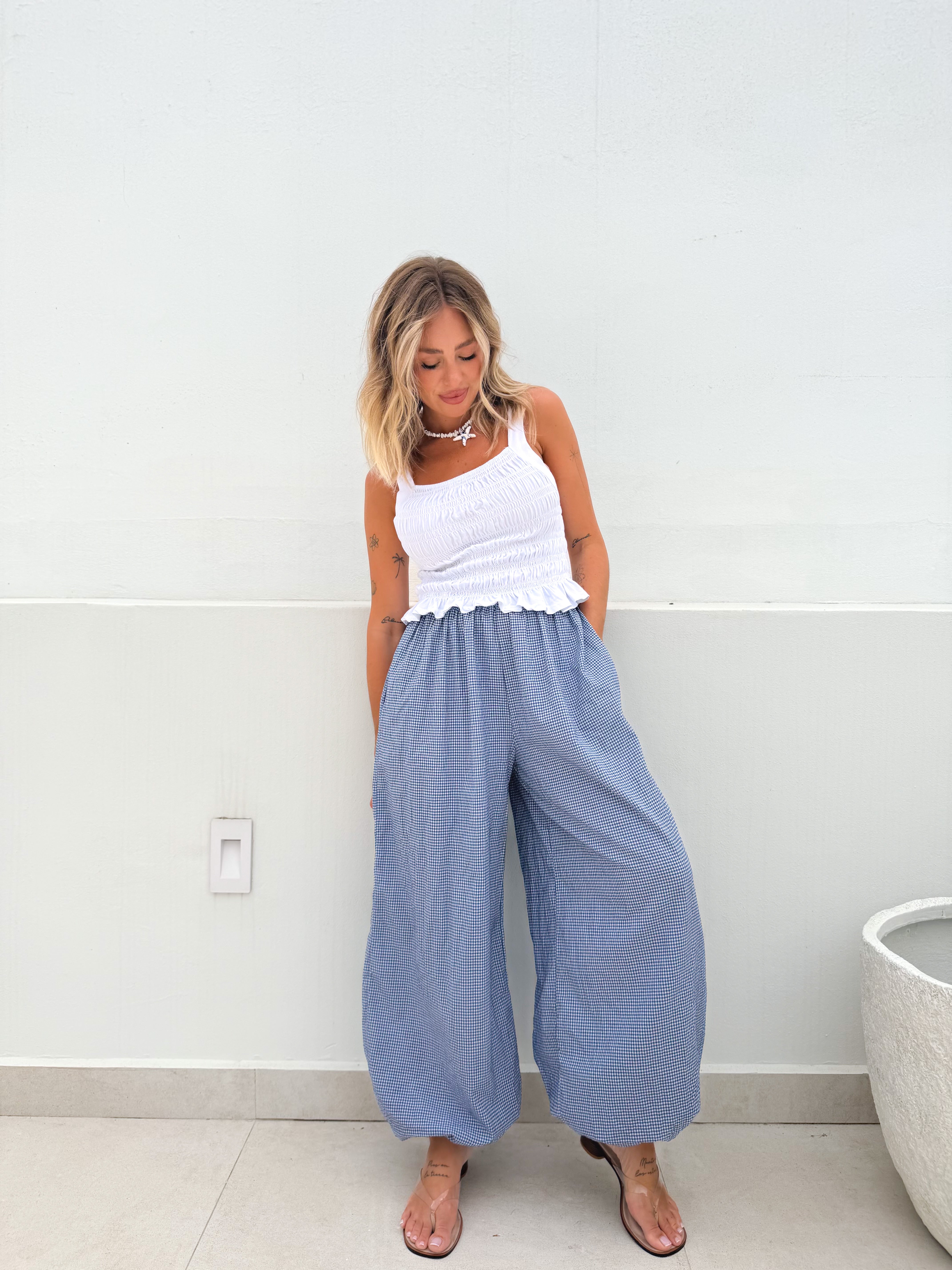 Pantalón bombacho vichy azul