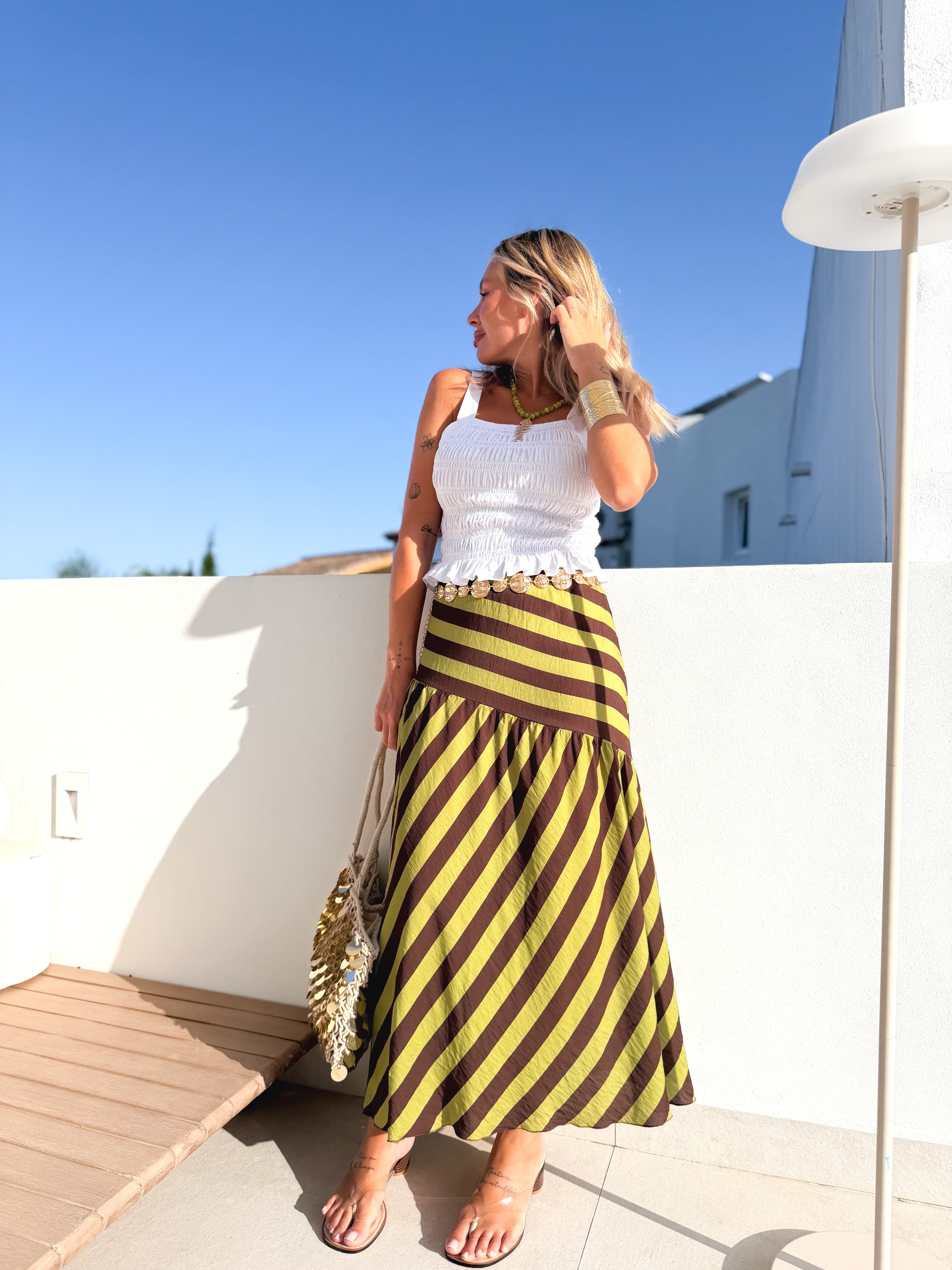 Falda rayas asimétrica Lima/Marrón