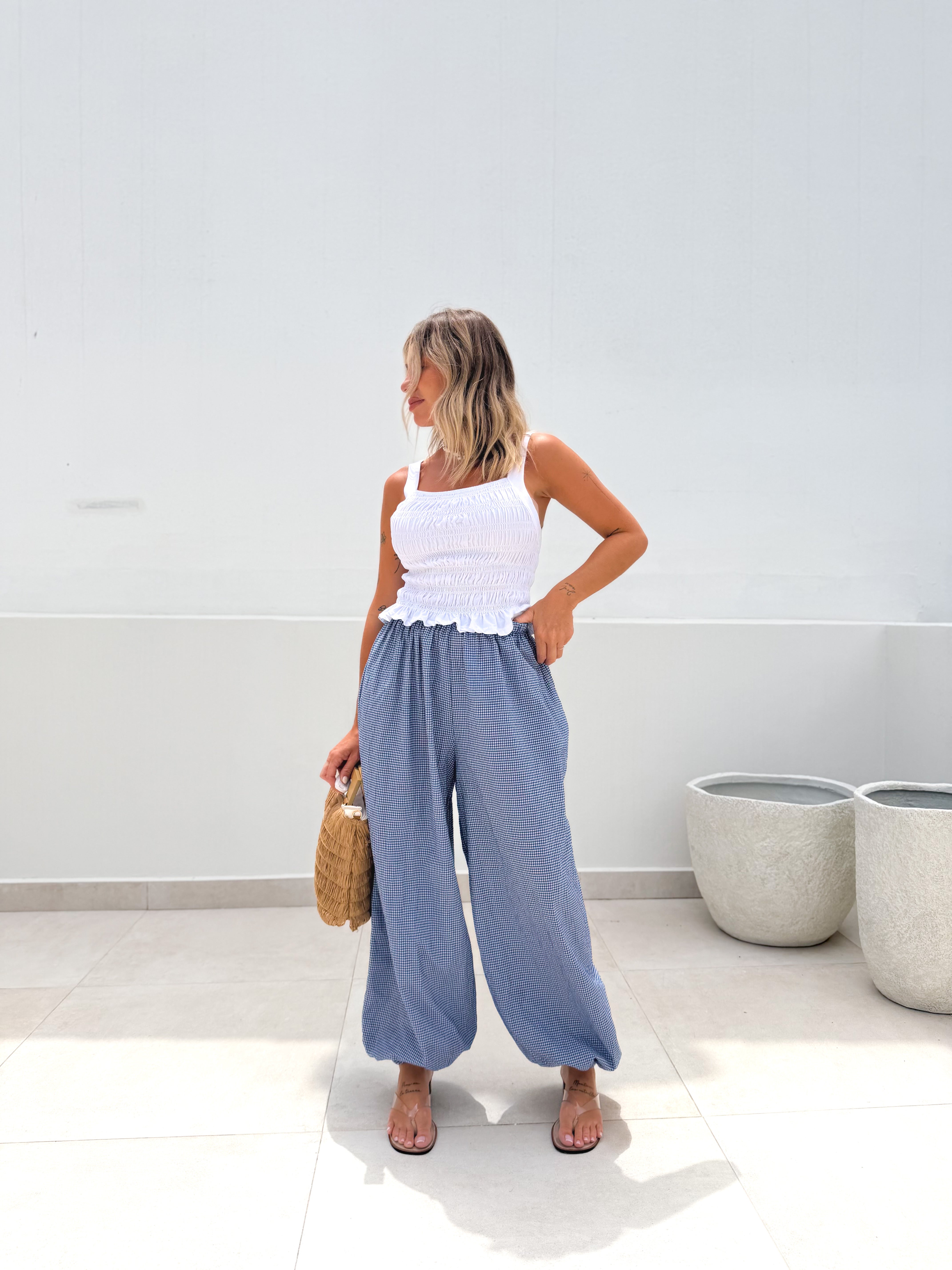 Pantalón bombacho vichy azul