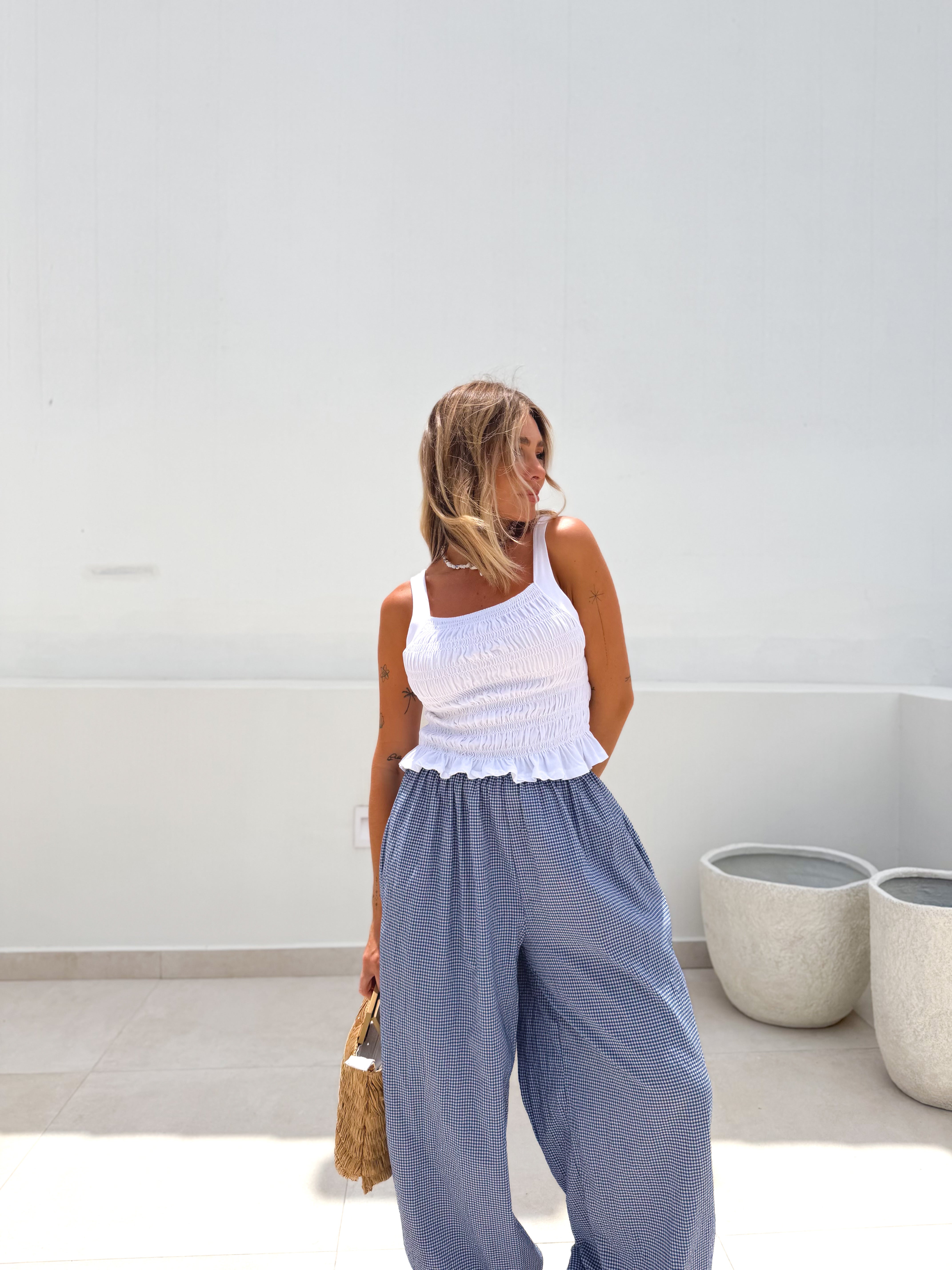 Pantalón bombacho vichy azul