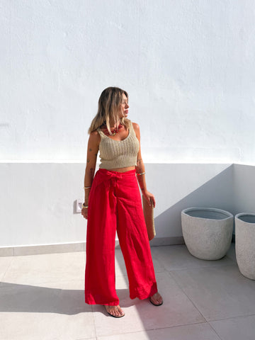 Pantalón lino anudado Rojo