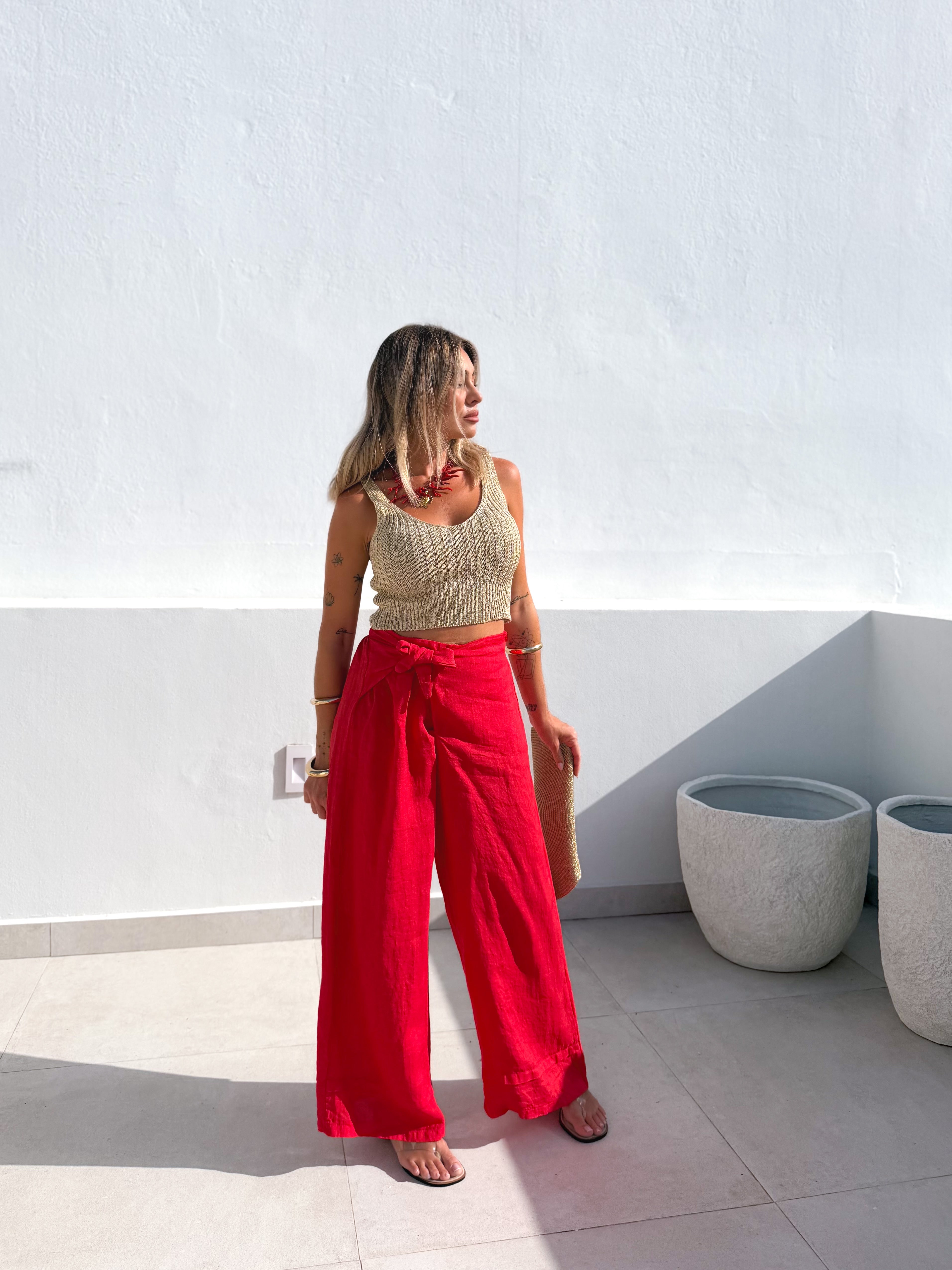 Pantalón lino anudado Rojo