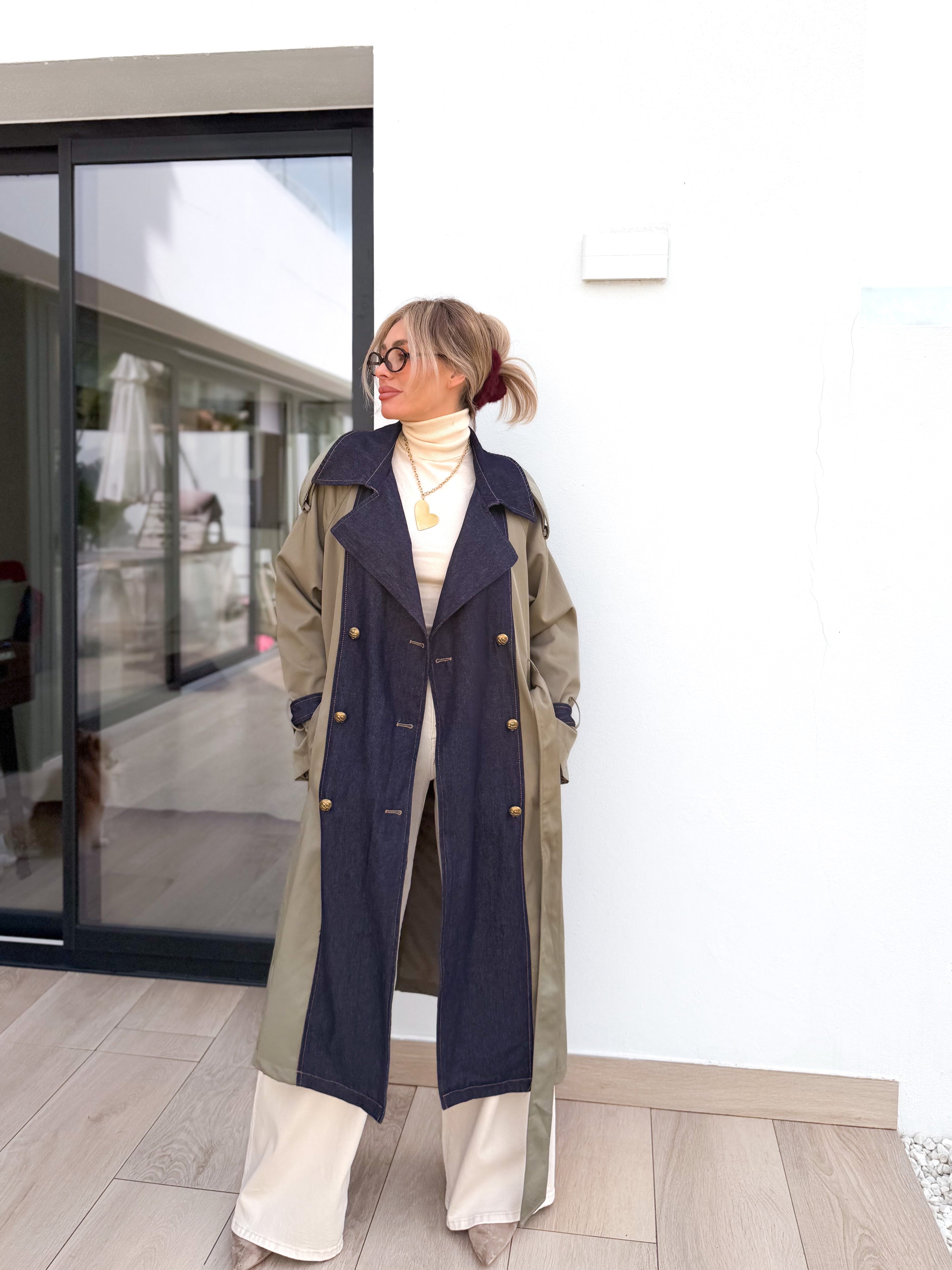 Gabardina combinada denim/kaki