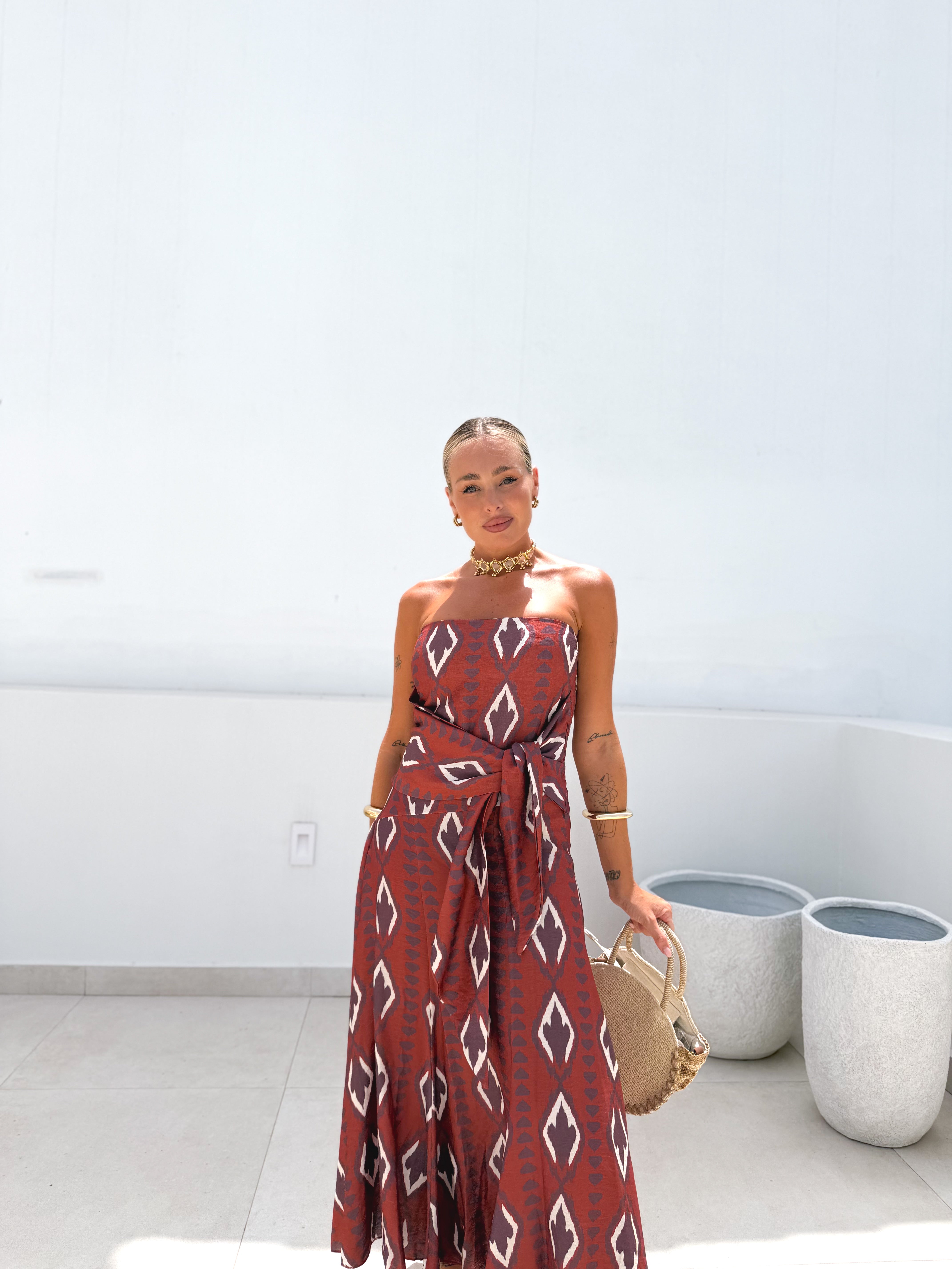 Vestido nudo étnico coral