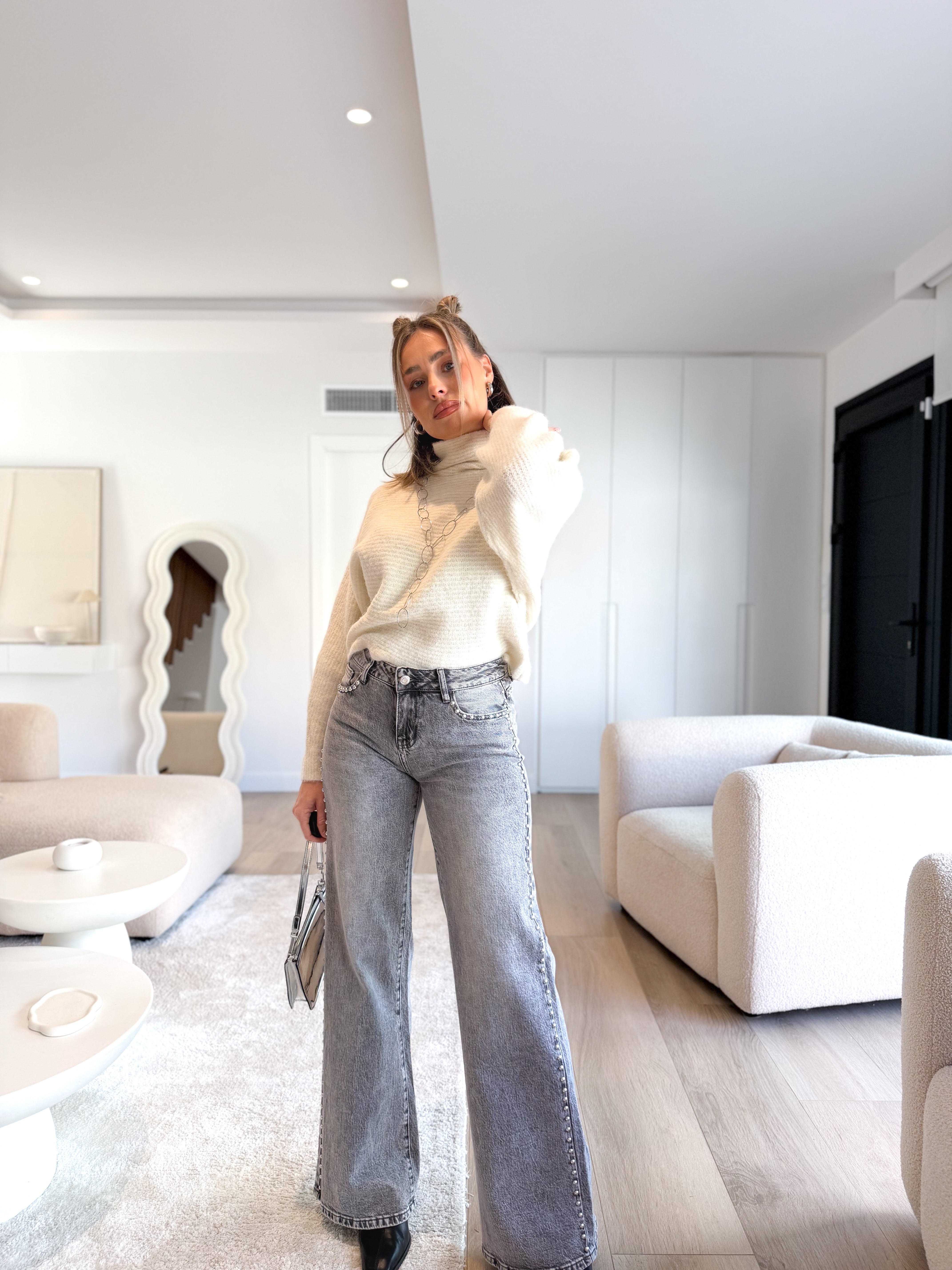 Denim wide gris tachas