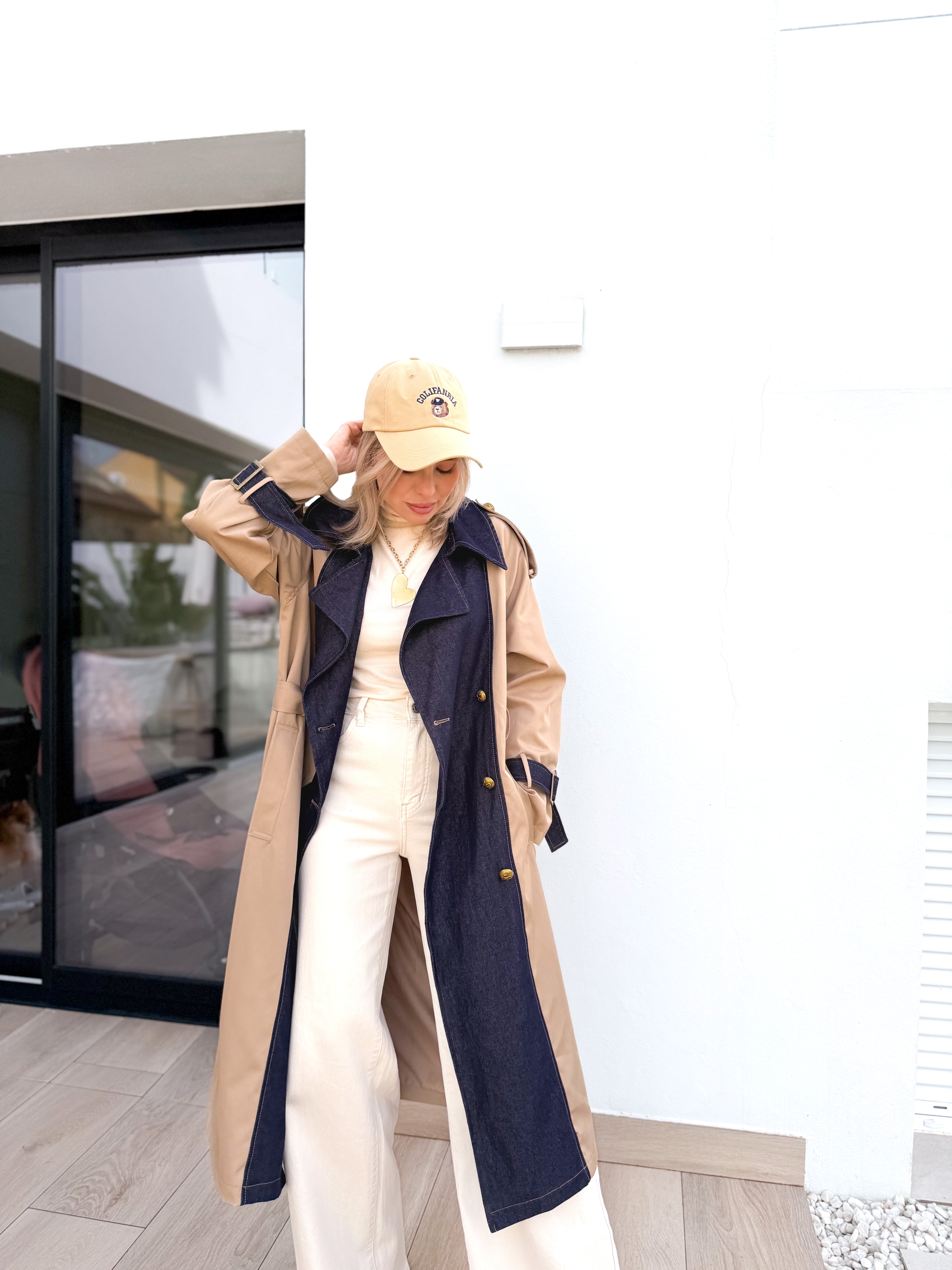 Gabardina combinada denim/beige