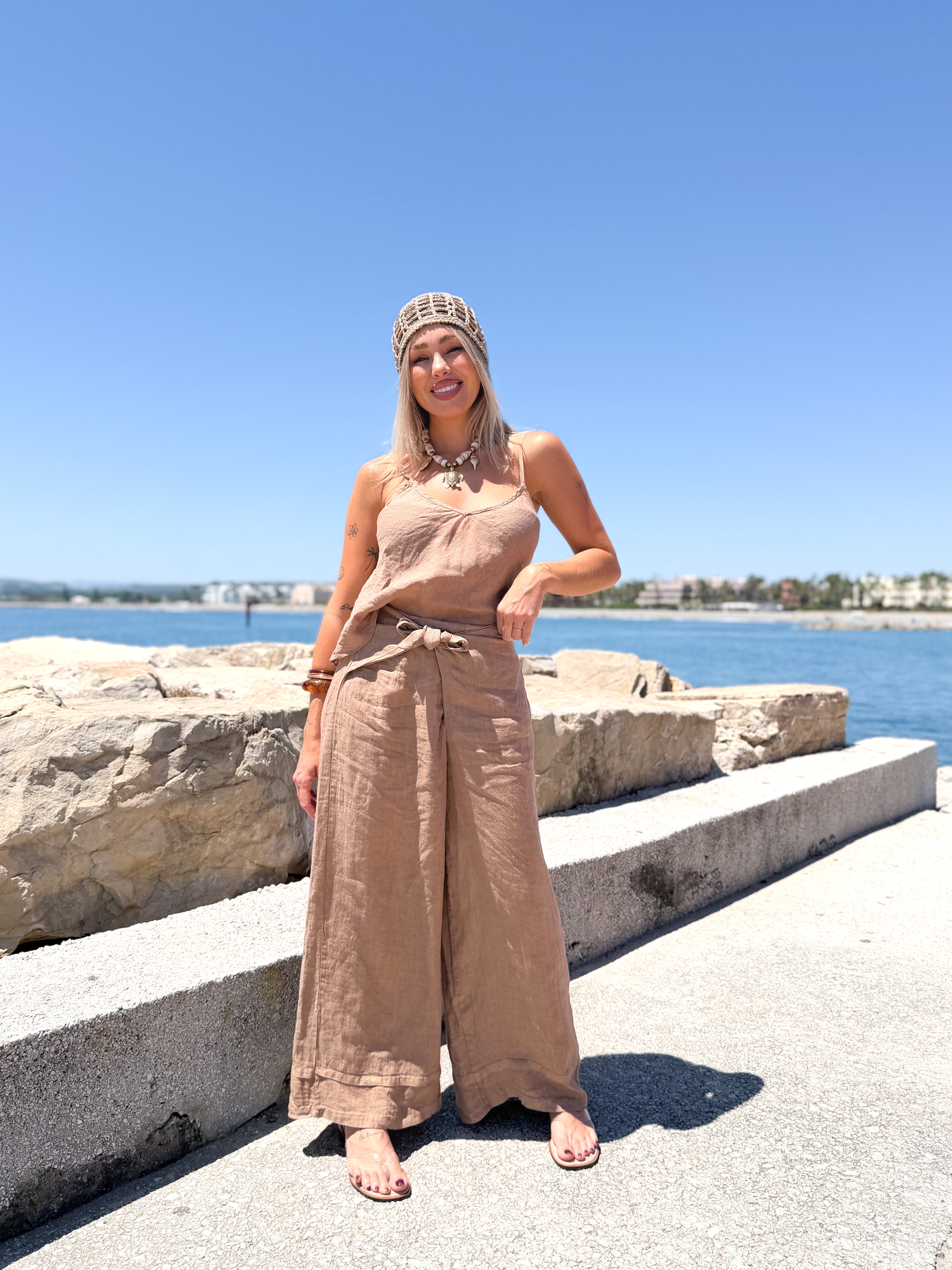 Pantalón lino anudado Camel