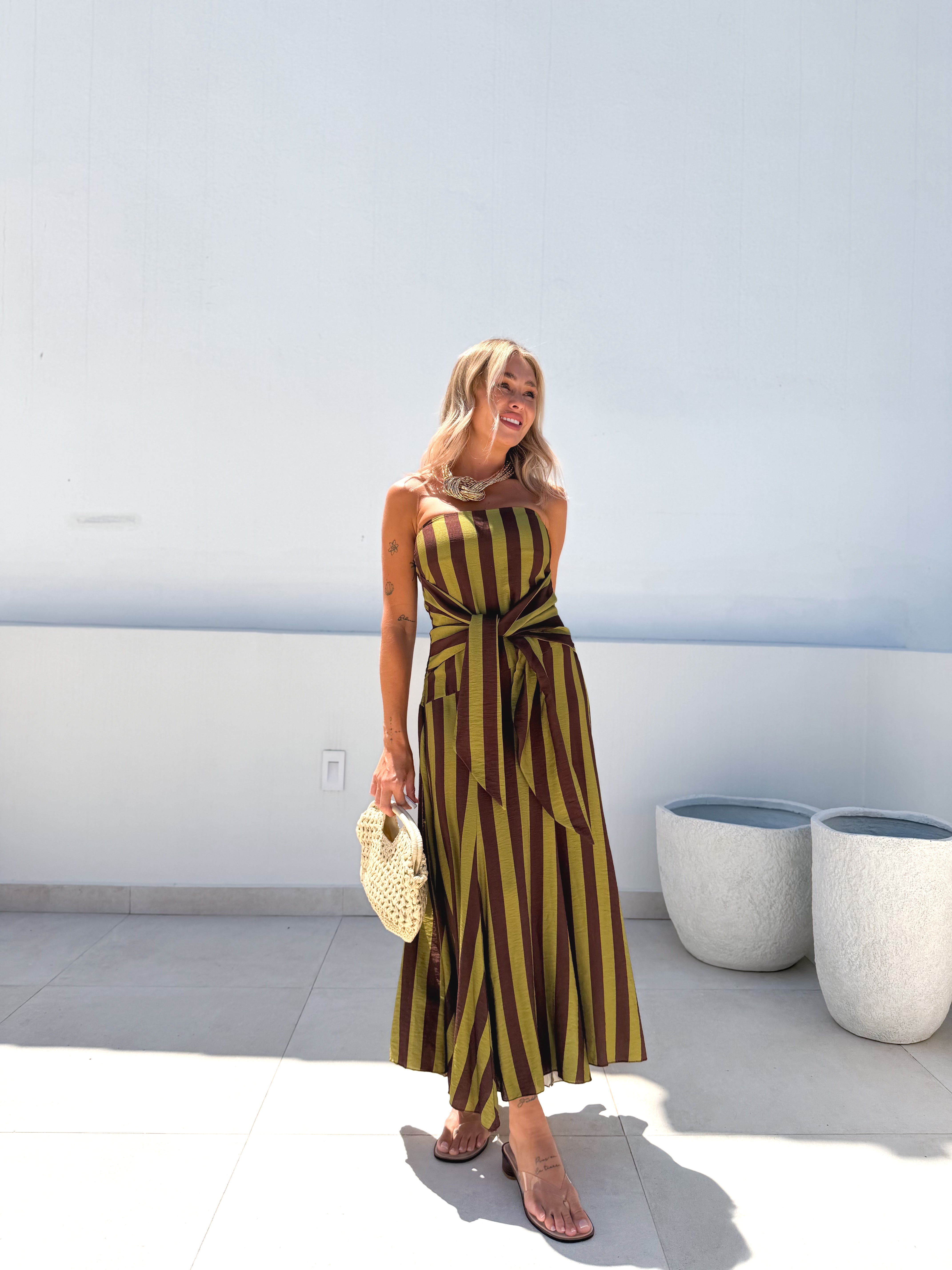 Vestido Nudo rayas Lima/Marrón