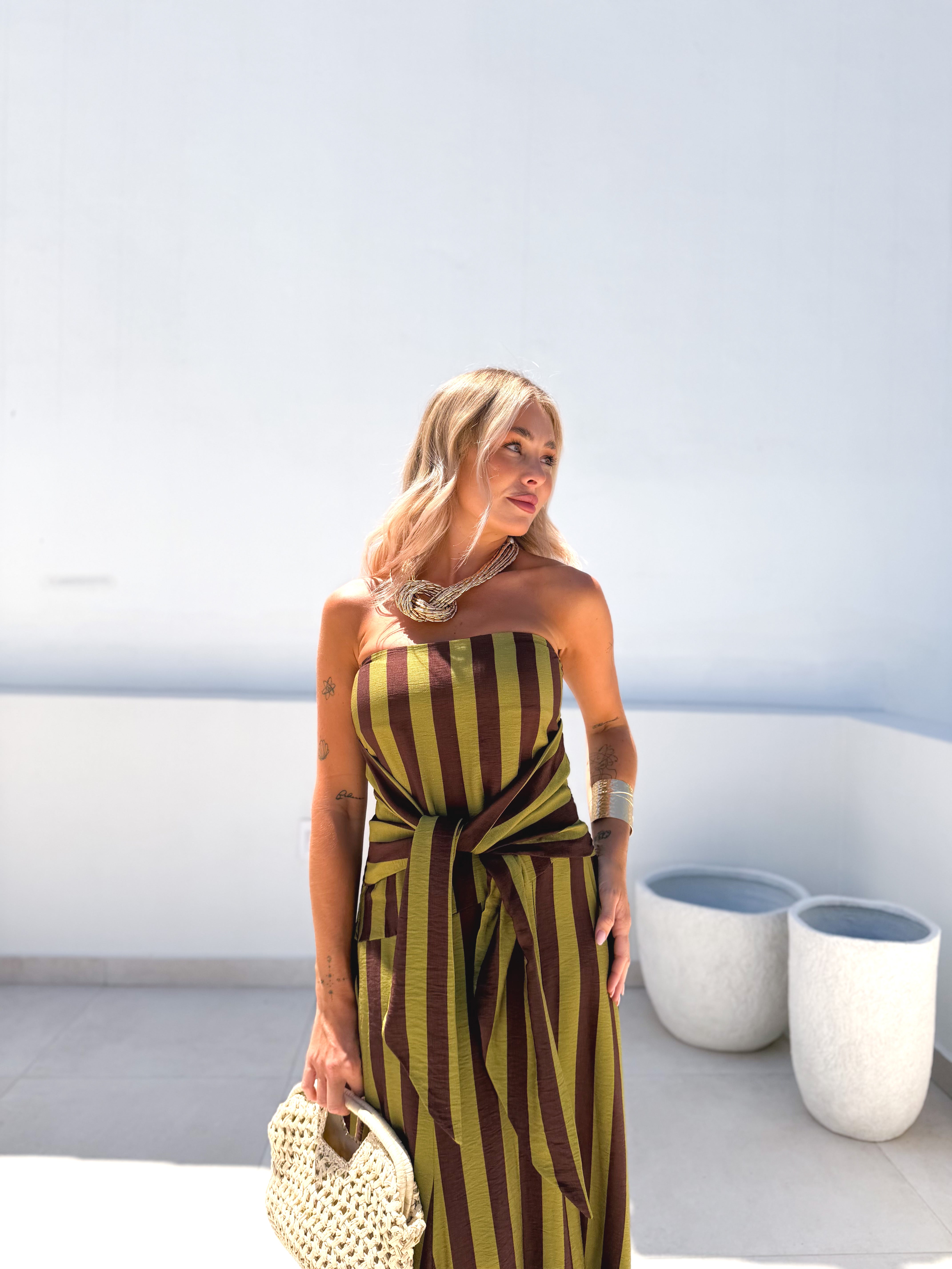 Vestido Nudo rayas Lima/Marrón