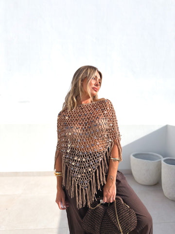 Poncho crochet taupe