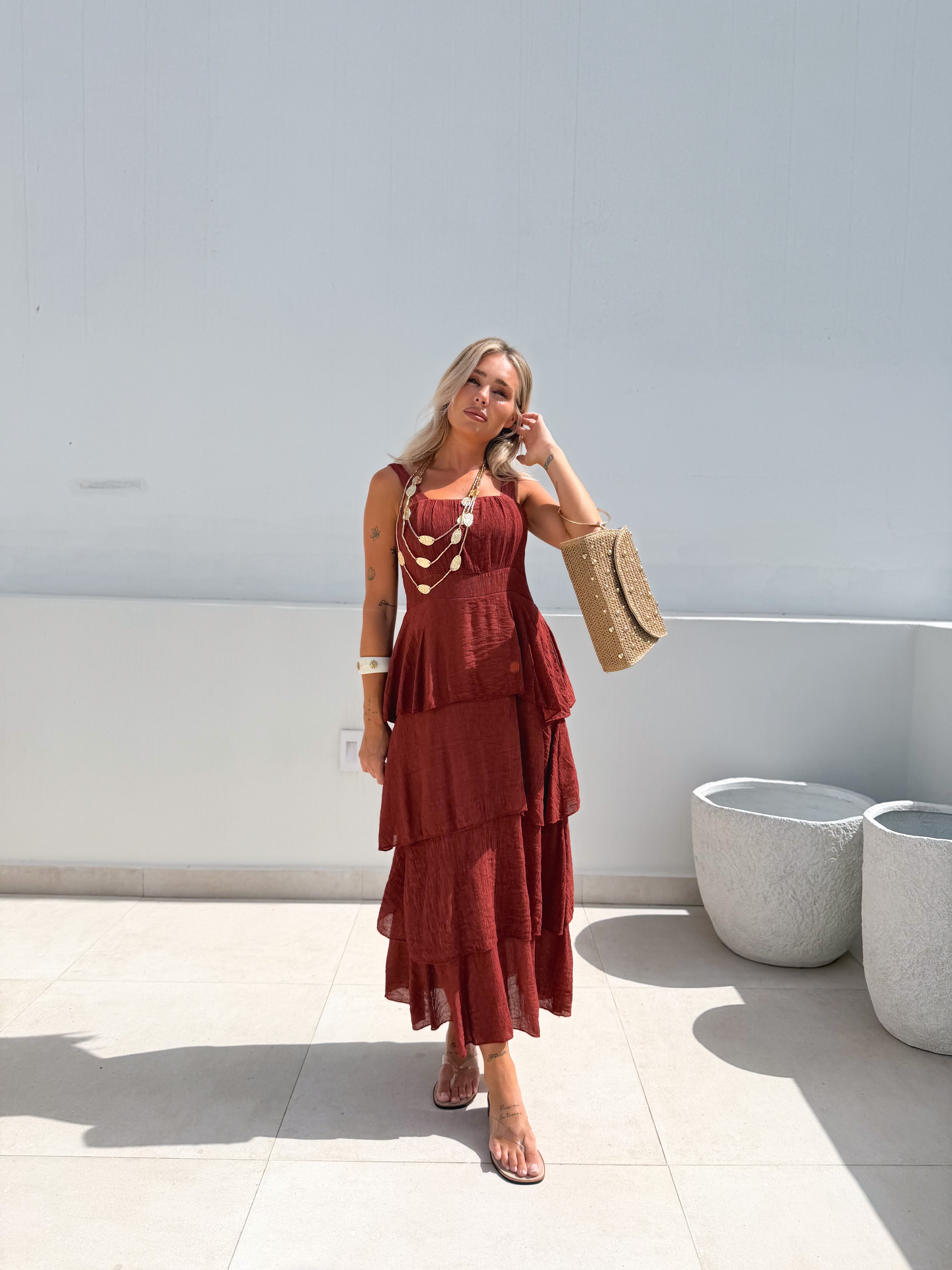 Vestido largo volantes Teja